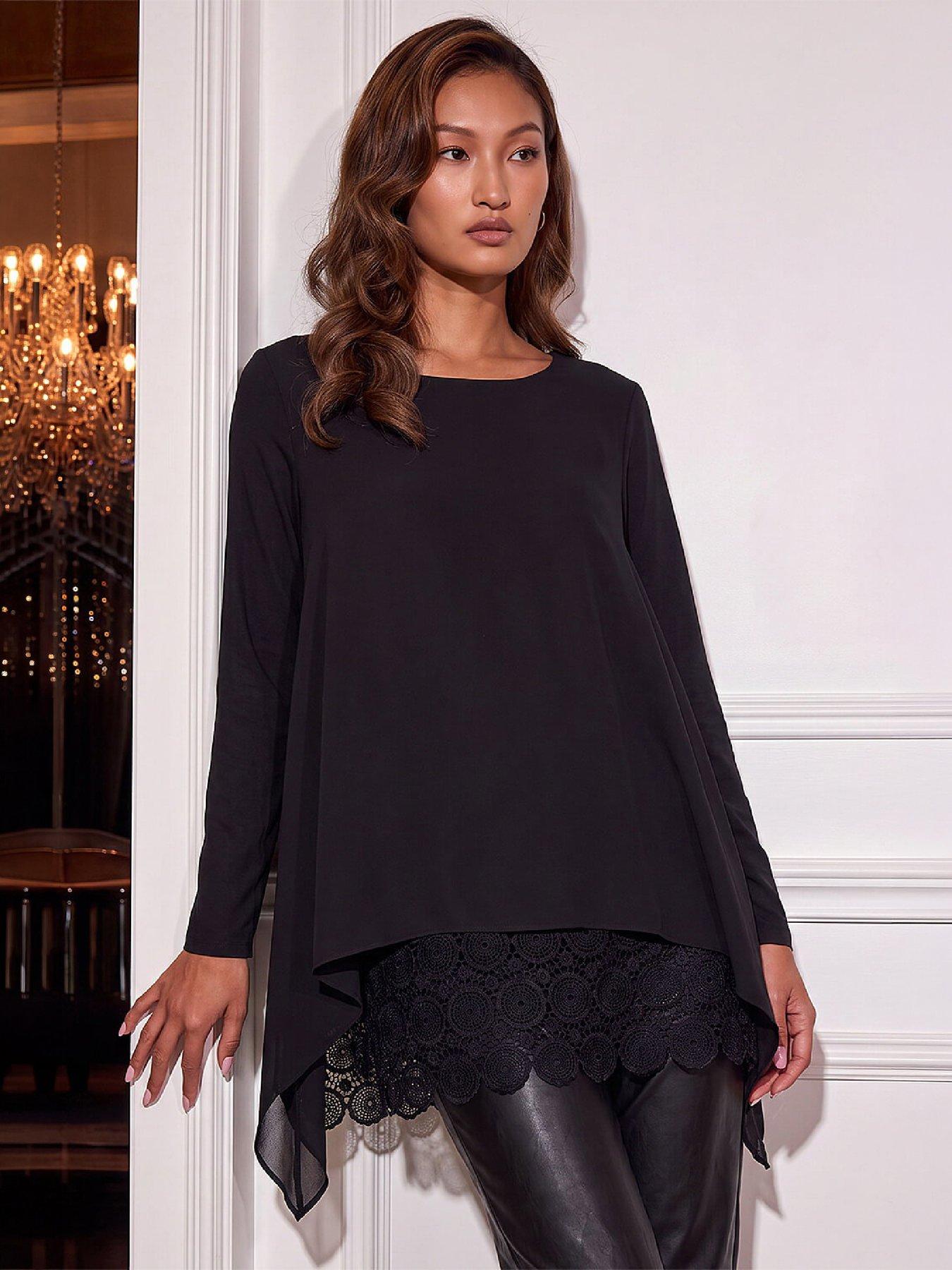 Image 1 of 4 of Roman Womens Lace Hem Overlay Tunic - Black