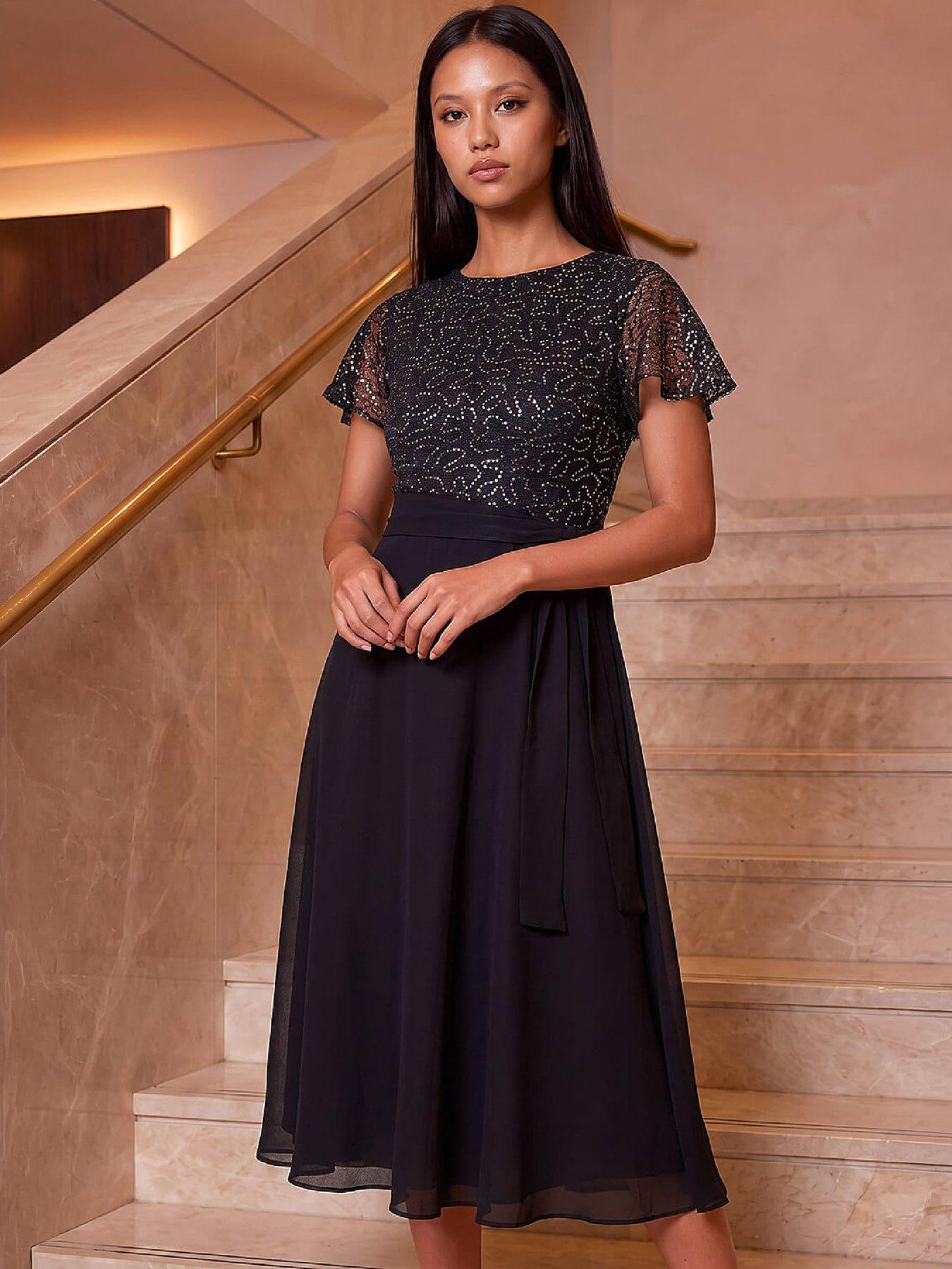 Image 1 of 4 of Roman Womens Petite Sequin Chiffon Textured Midi Dress - Black