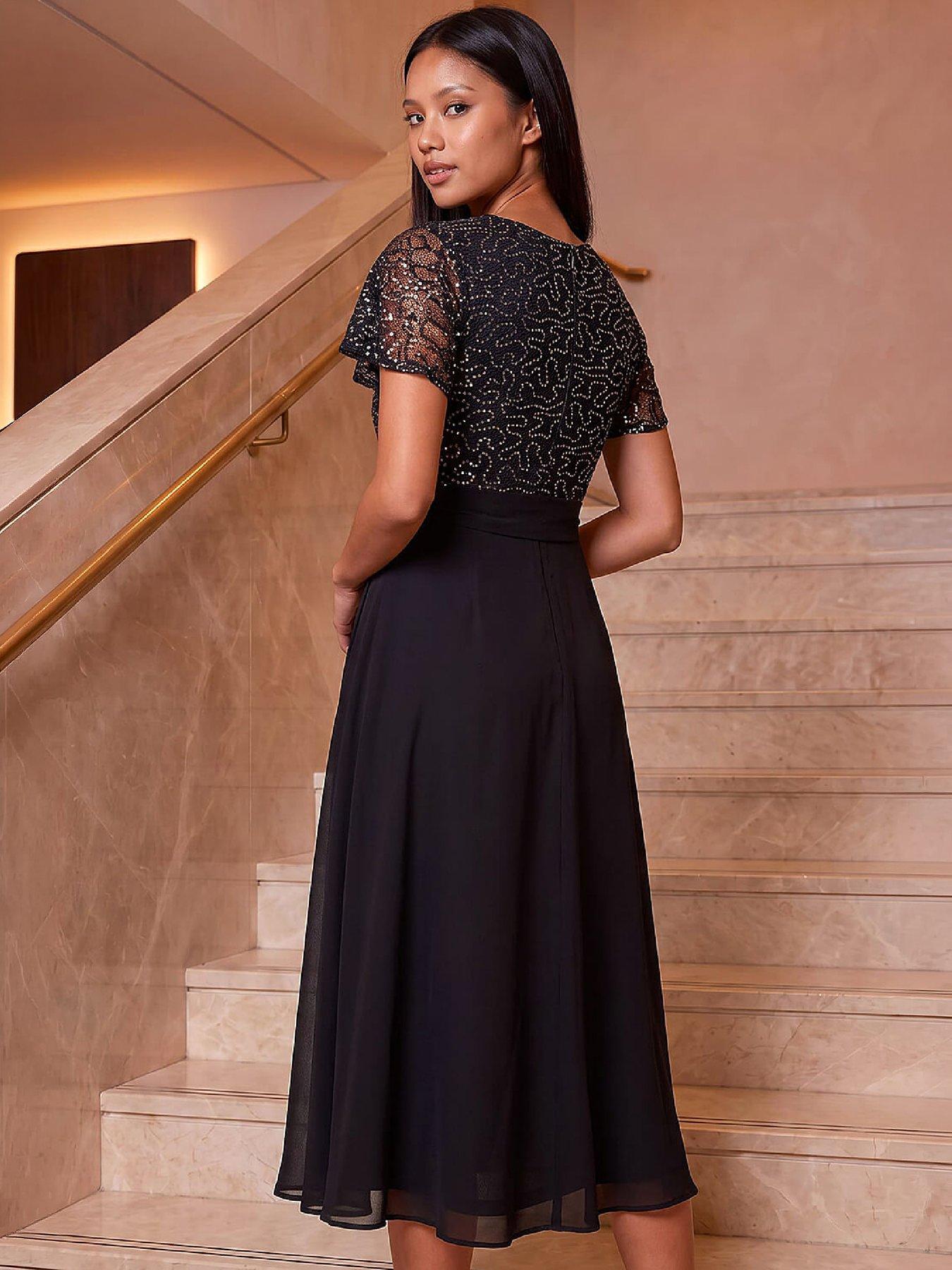 Image 3 of 4 of Roman Womens Petite Sequin Chiffon Textured Midi Dress - Black
