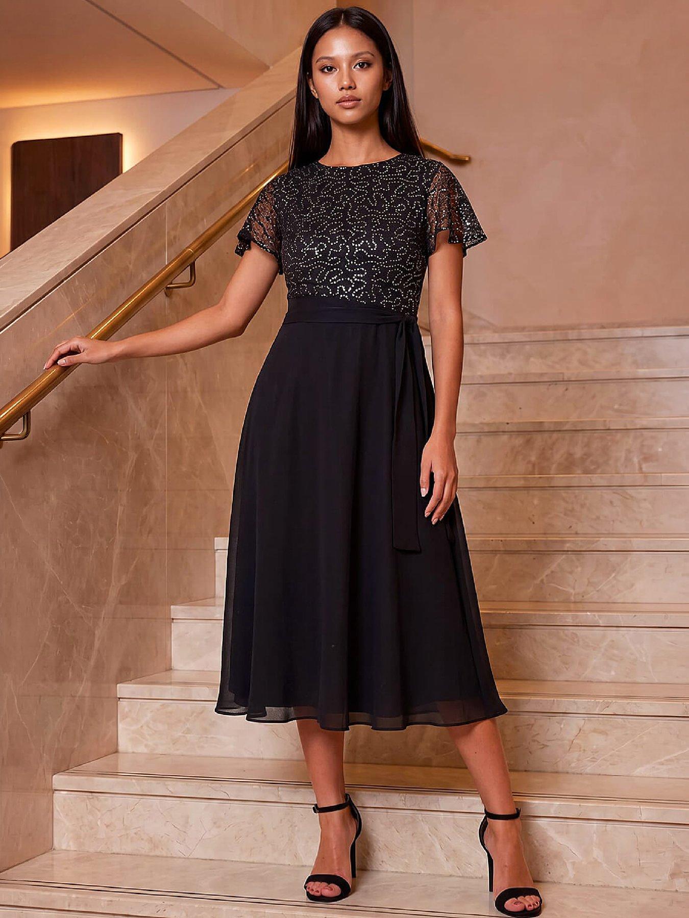 Image 4 of 4 of Roman Womens Petite Sequin Chiffon Textured Midi Dress - Black