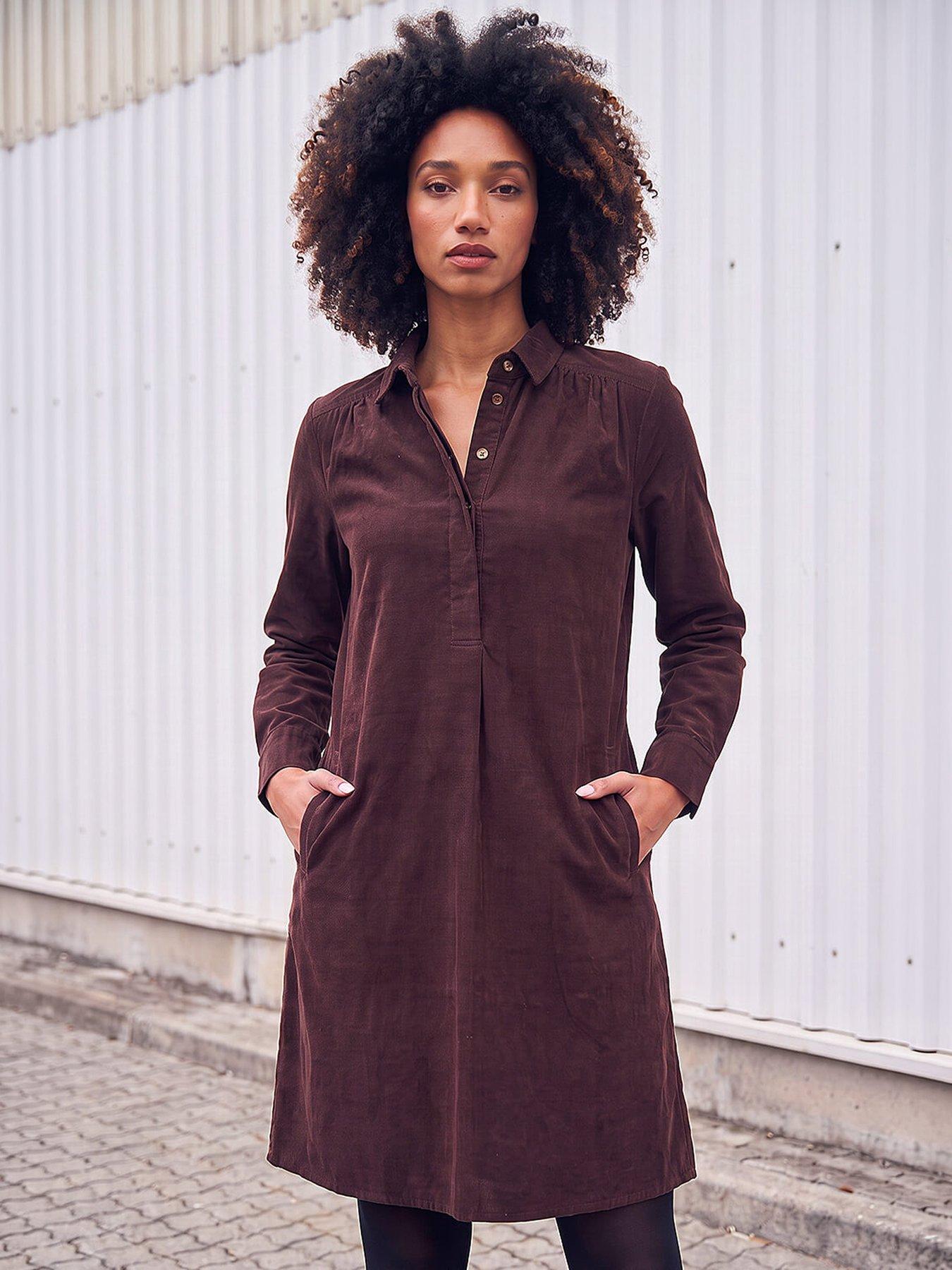 Image 1 of 4 of Roman Womens Relaxed Swing Corduroy Tunic Shirt Dress - Brown