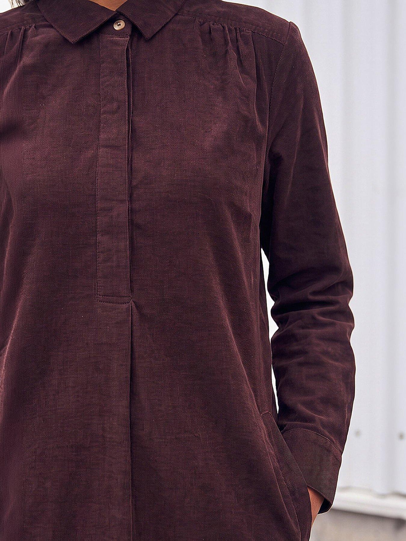 Image 2 of 4 of Roman Womens Relaxed Swing Corduroy Tunic Shirt Dress - Brown