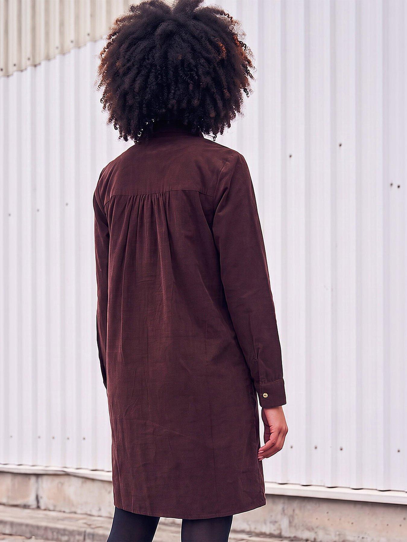 Image 3 of 4 of Roman Womens Relaxed Swing Corduroy Tunic Shirt Dress - Brown
