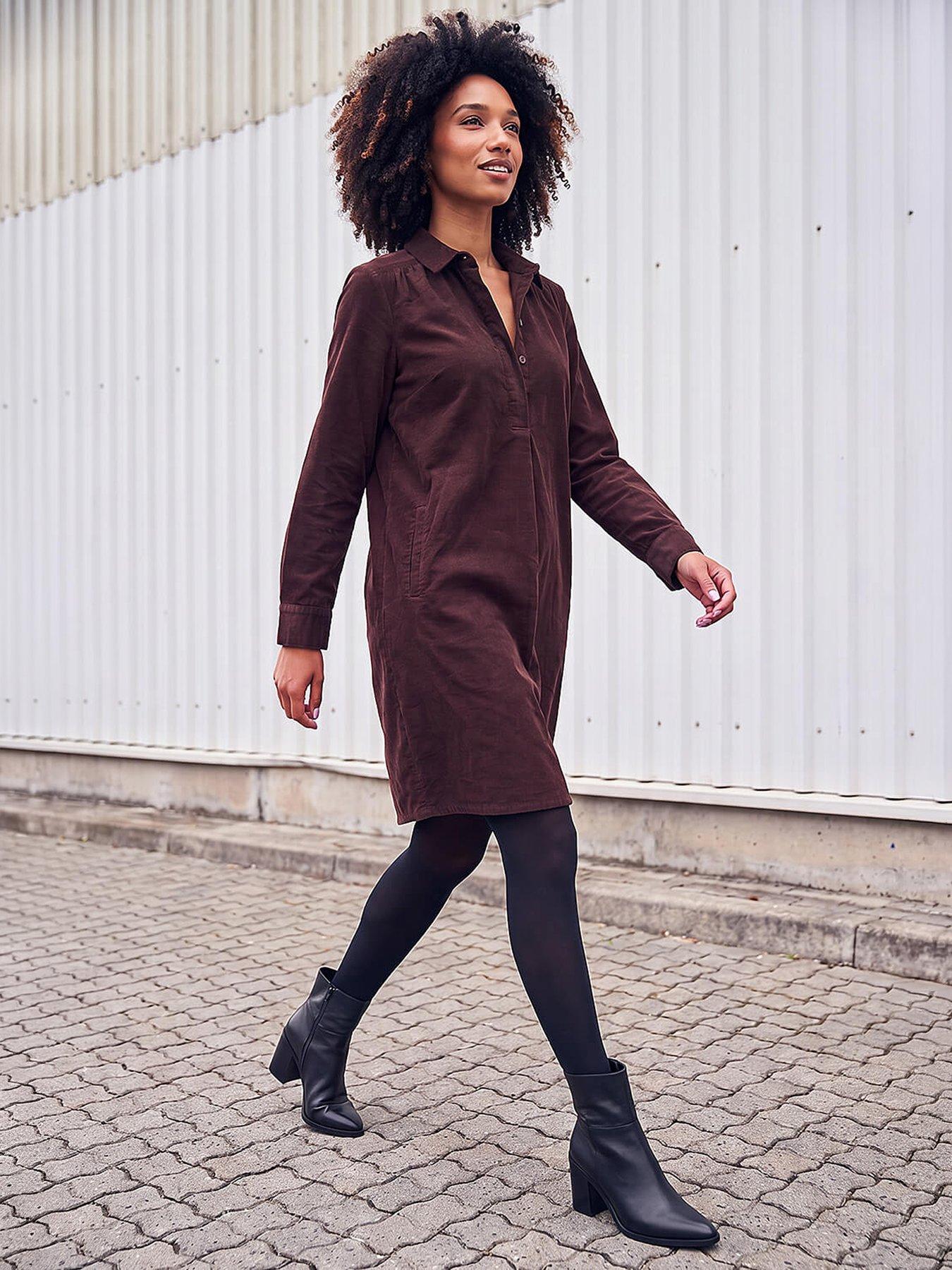 Image 4 of 4 of Roman Womens Relaxed Swing Corduroy Tunic Shirt Dress - Brown