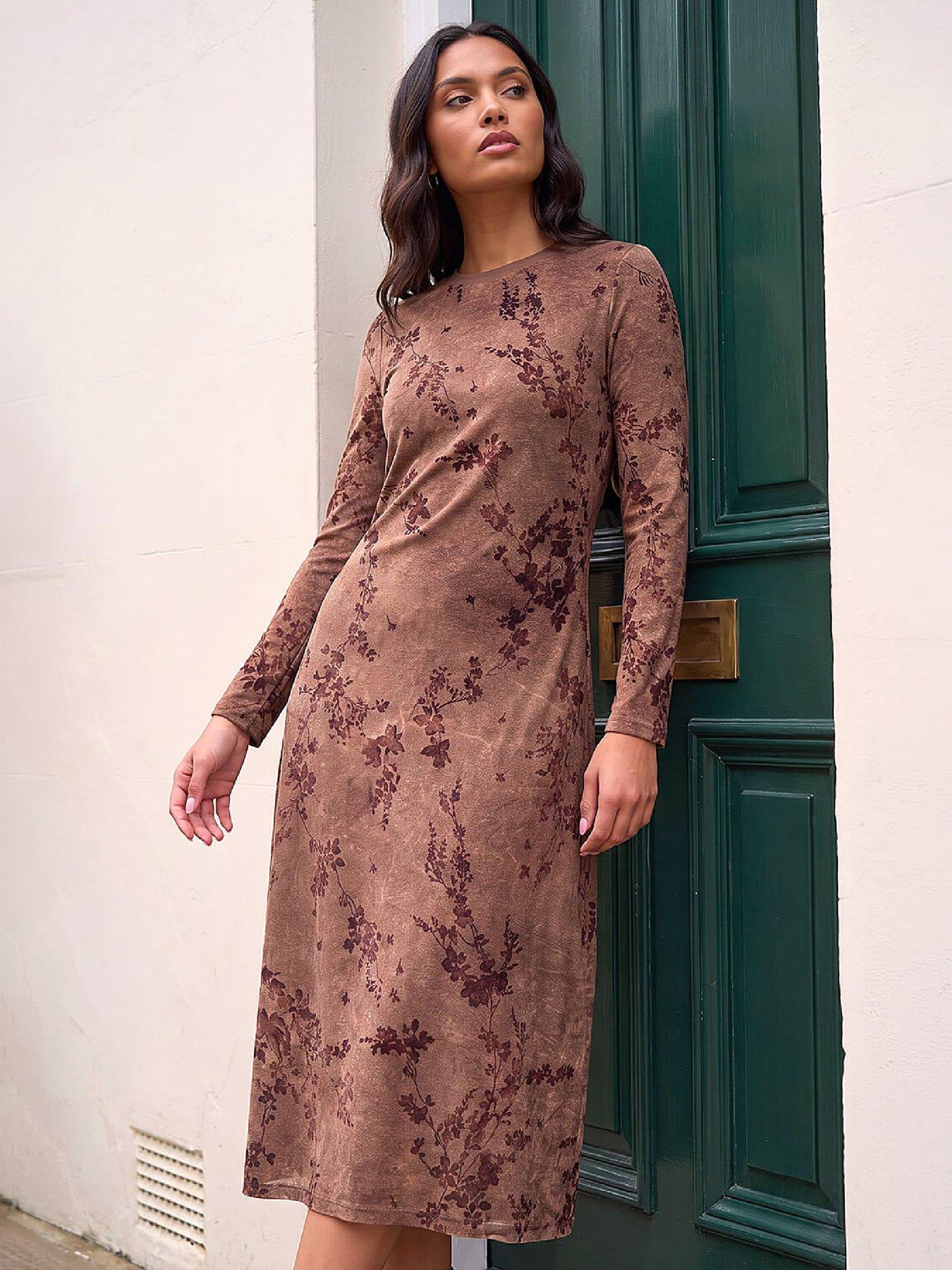 Roman Women's Chocolate Floral Flocked Midi Dress Size 16 - Image 2