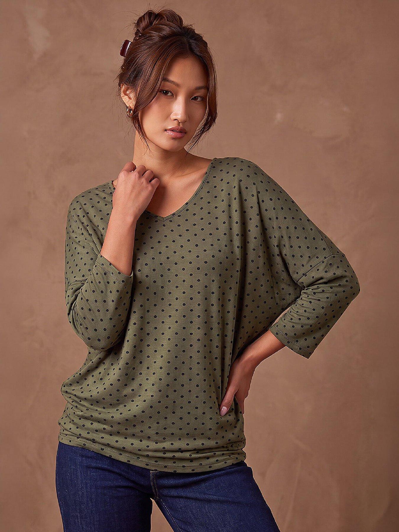 Roman Women's Khaki V-Neck Polka Dot Top In | Size: 14 - Image 2