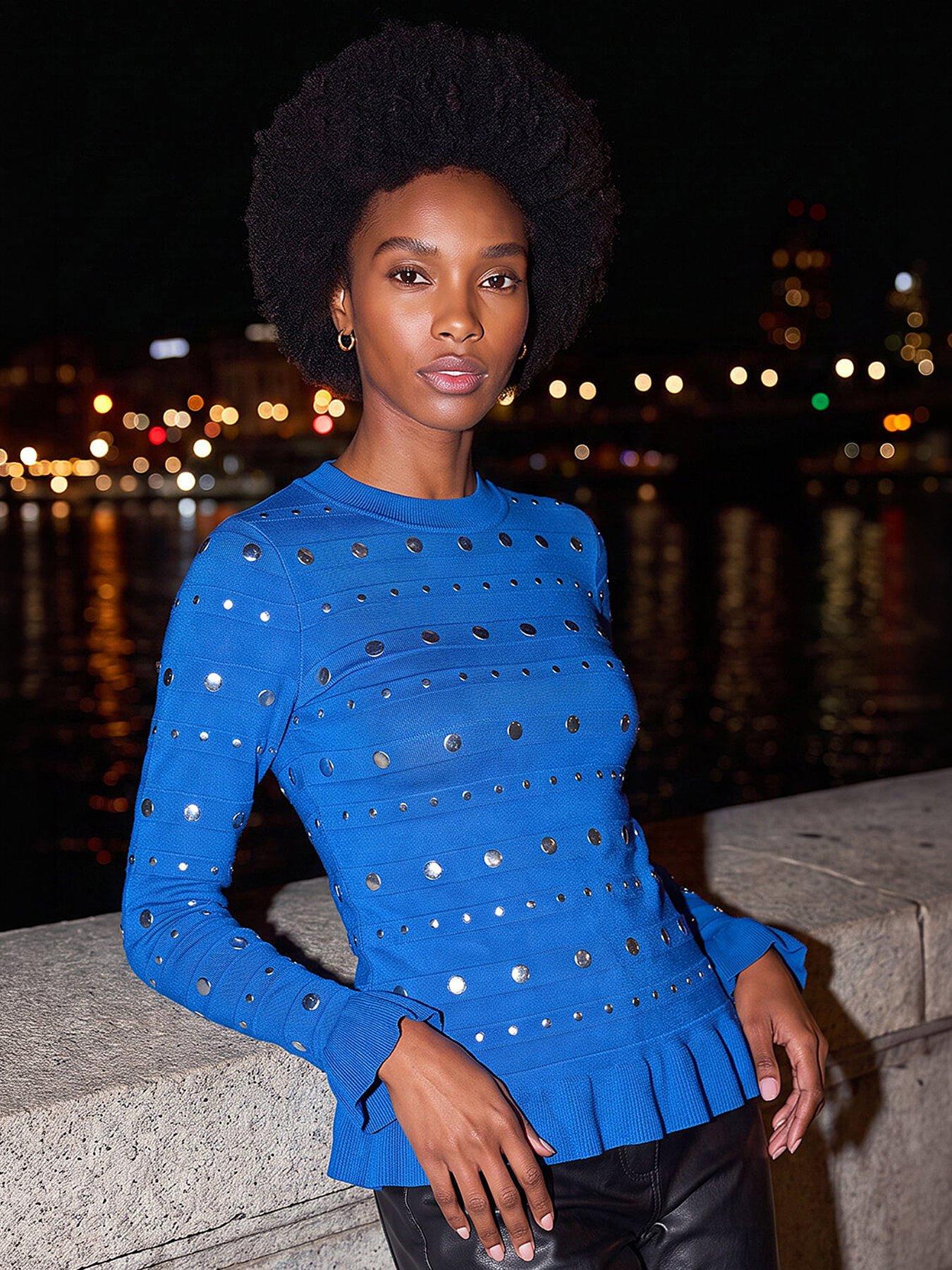 Image 1 of 4 of Roman Womens Stud Embellished Frill Knit Top - Blue