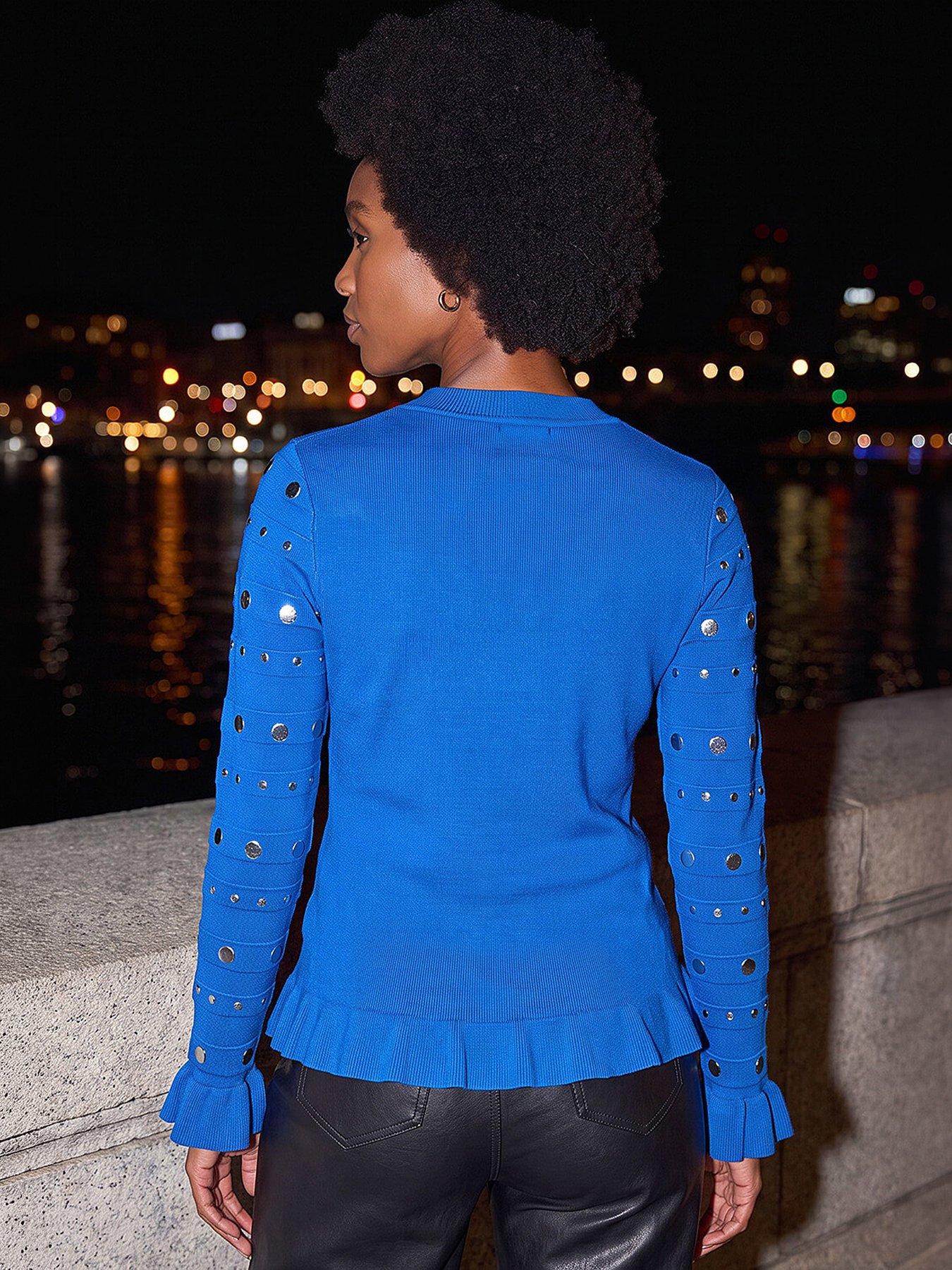 Image 3 of 4 of Roman Womens Stud Embellished Frill Knit Top - Blue