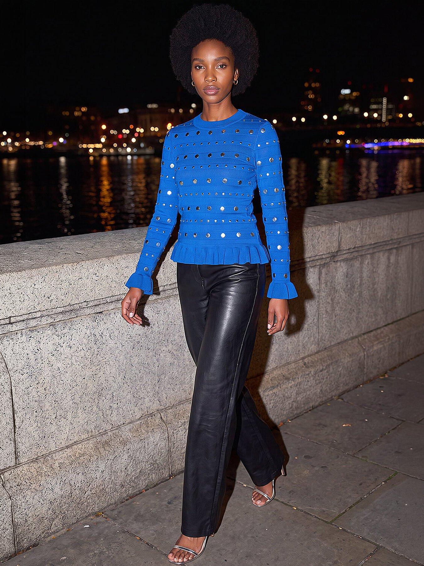 Image 4 of 4 of Roman Womens Stud Embellished Frill Knit Top - Blue