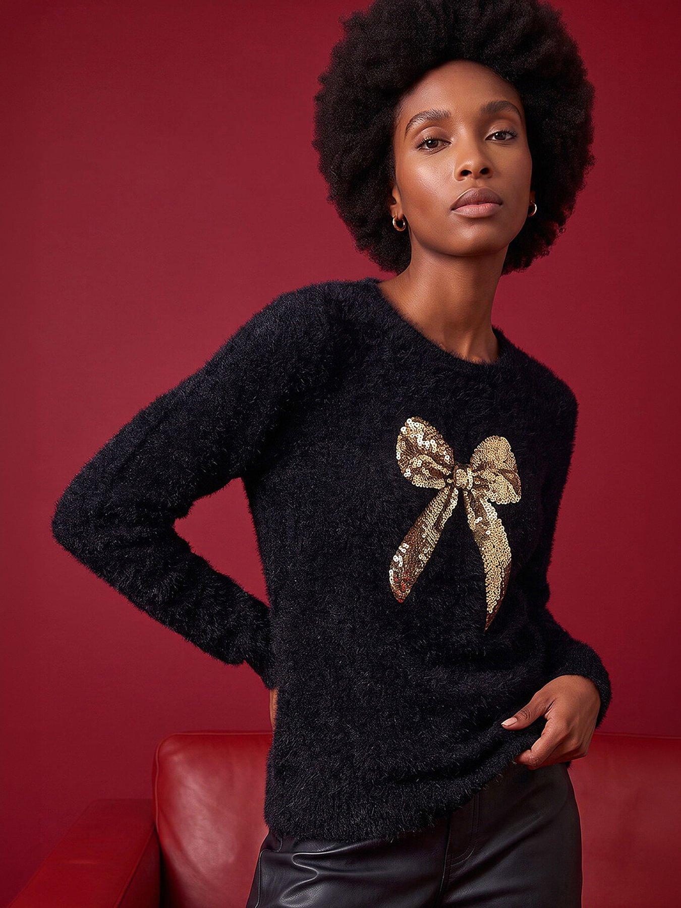 Roman Women's Black Soft Knit Sequin Bow Blouse - Image 3