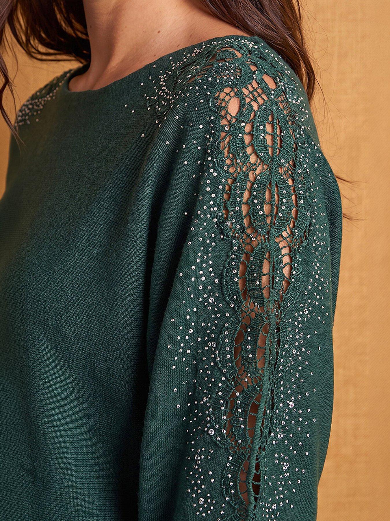 Image 2 of 4 of Roman Womens Diamante Batwing Jumper - Green