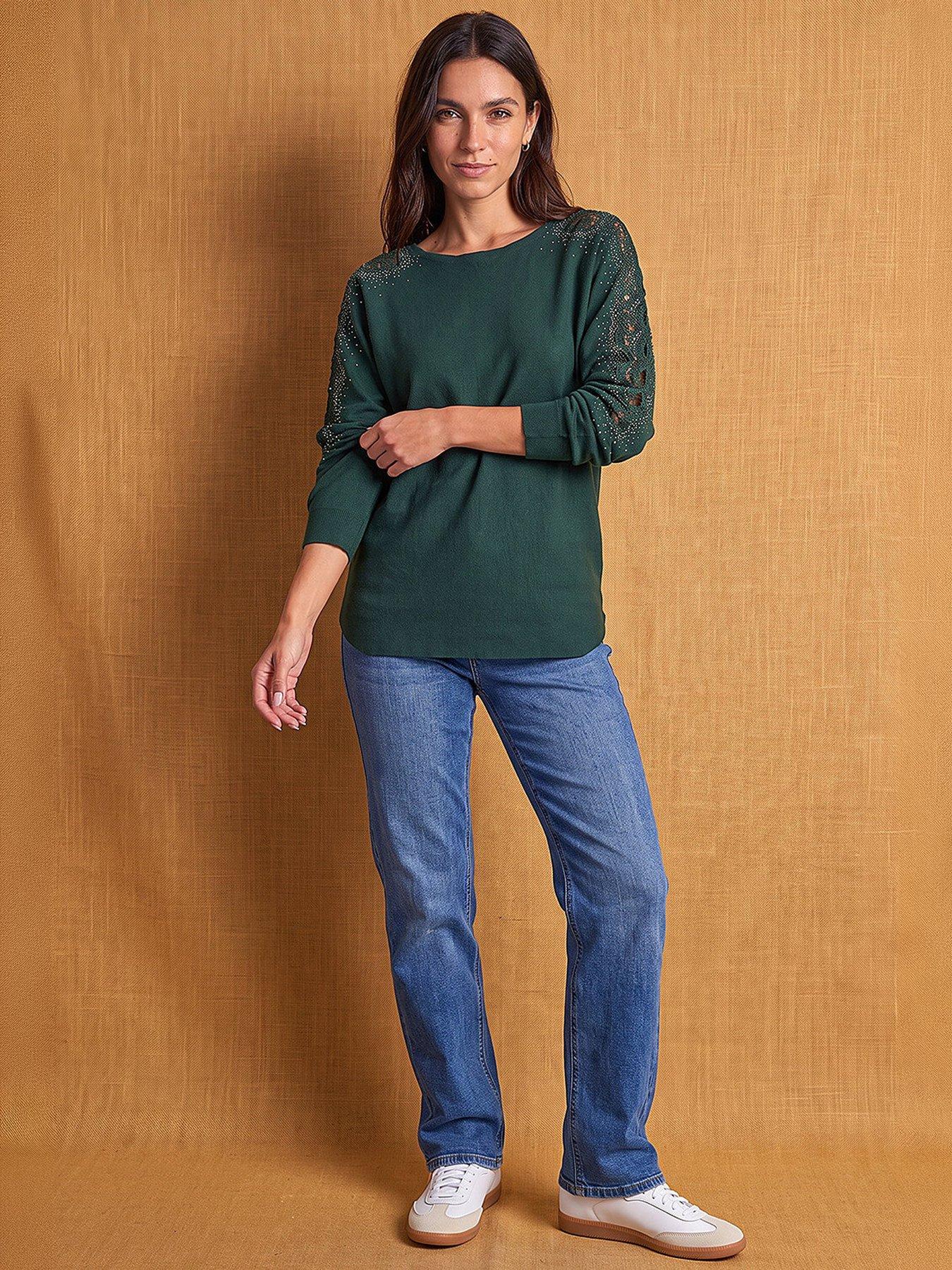 Image 4 of 4 of Roman Womens Diamante Batwing Jumper - Green