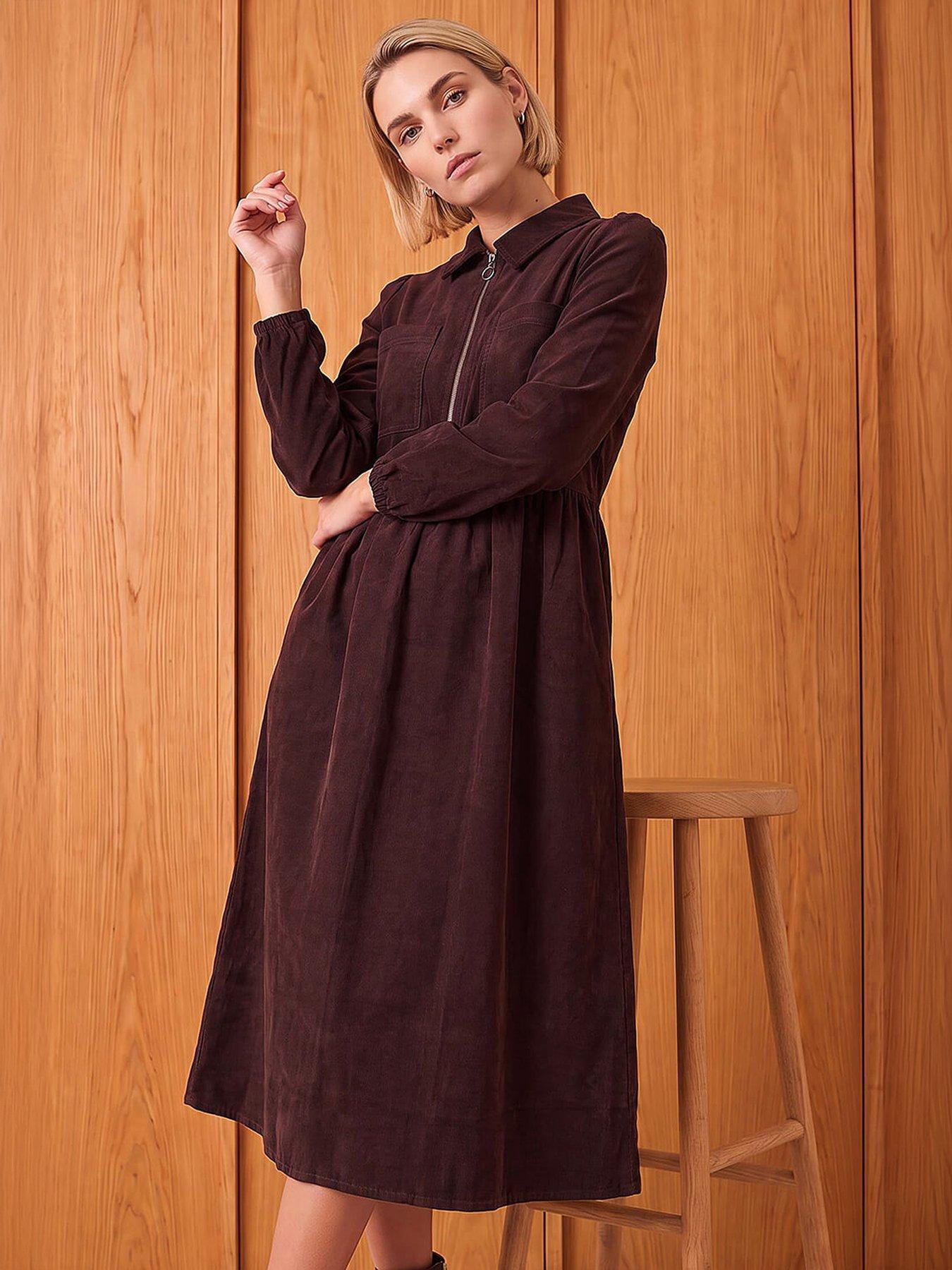 Image 1 of 4 of Roman Womens Zip Front Collared Cord Midi Dress - Brown