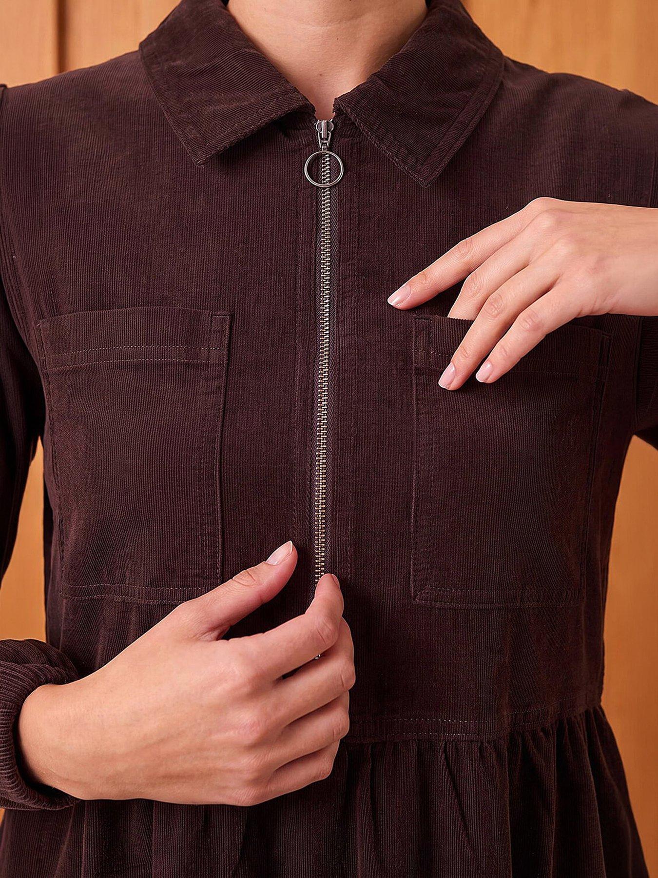 Image 2 of 4 of Roman Womens Zip Front Collared Cord Midi Dress - Brown