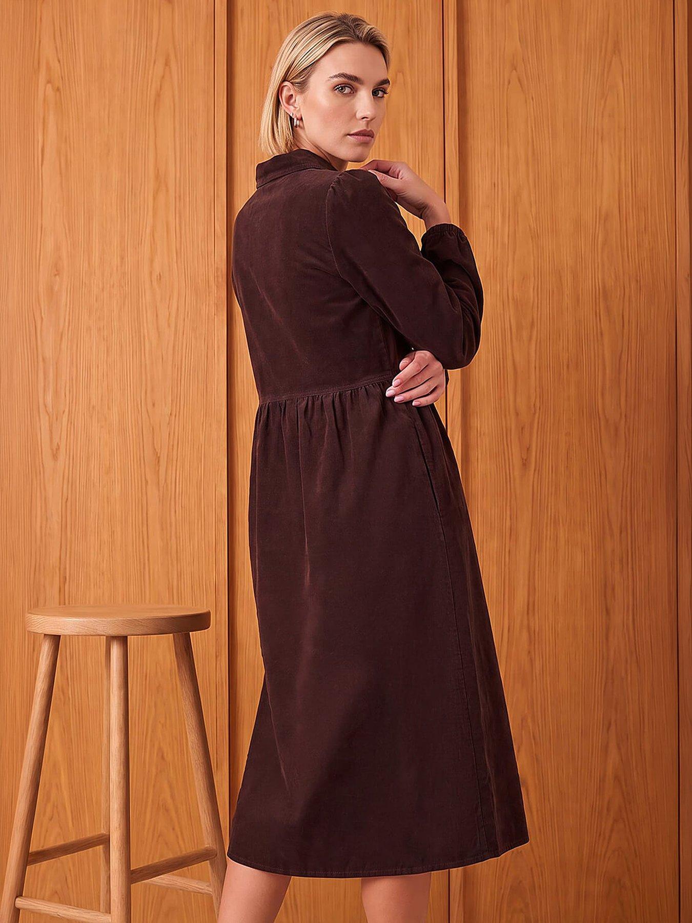 Image 3 of 4 of Roman Womens Zip Front Collared Cord Midi Dress - Brown