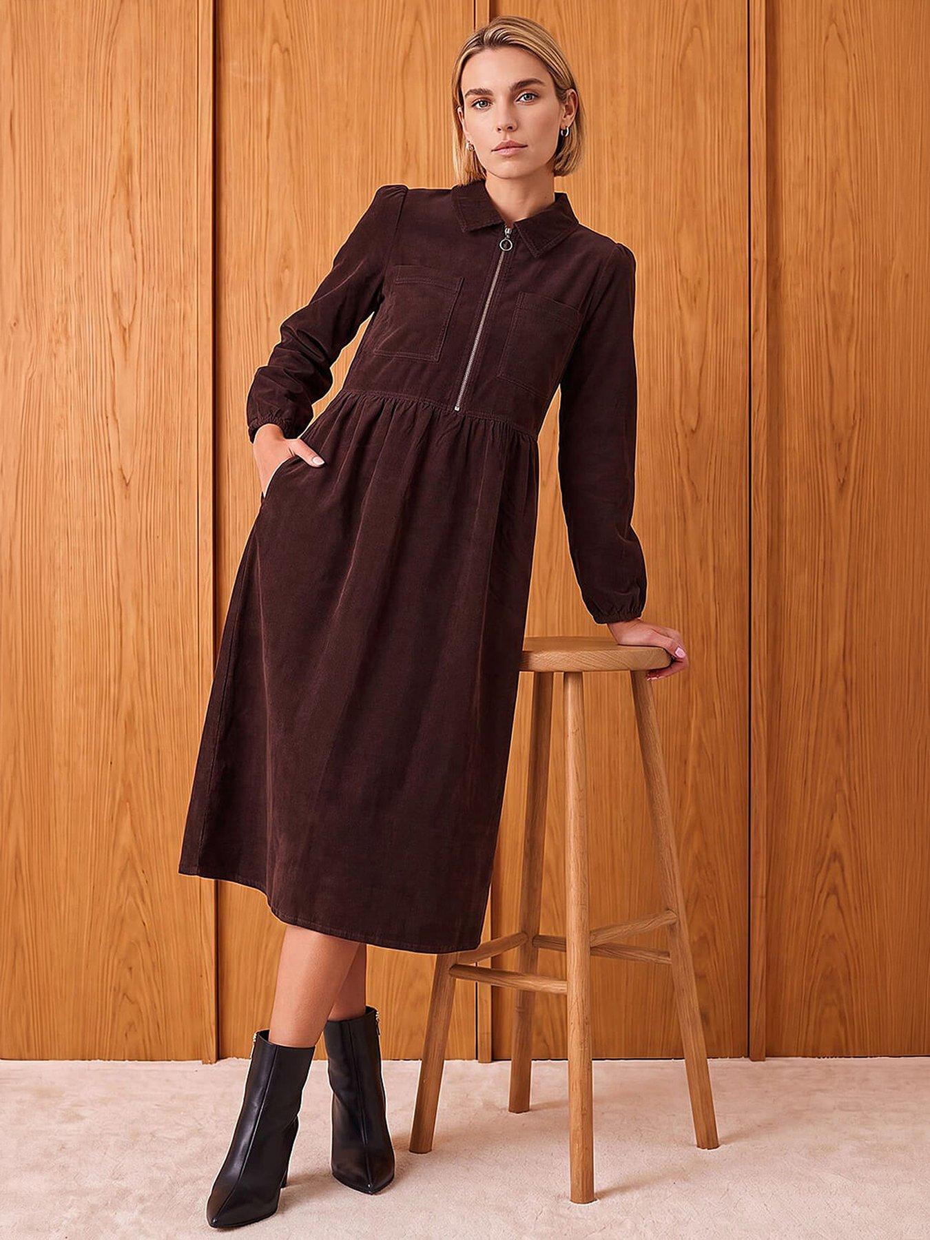 Image 4 of 4 of Roman Womens Zip Front Collared Cord Midi Dress - Brown