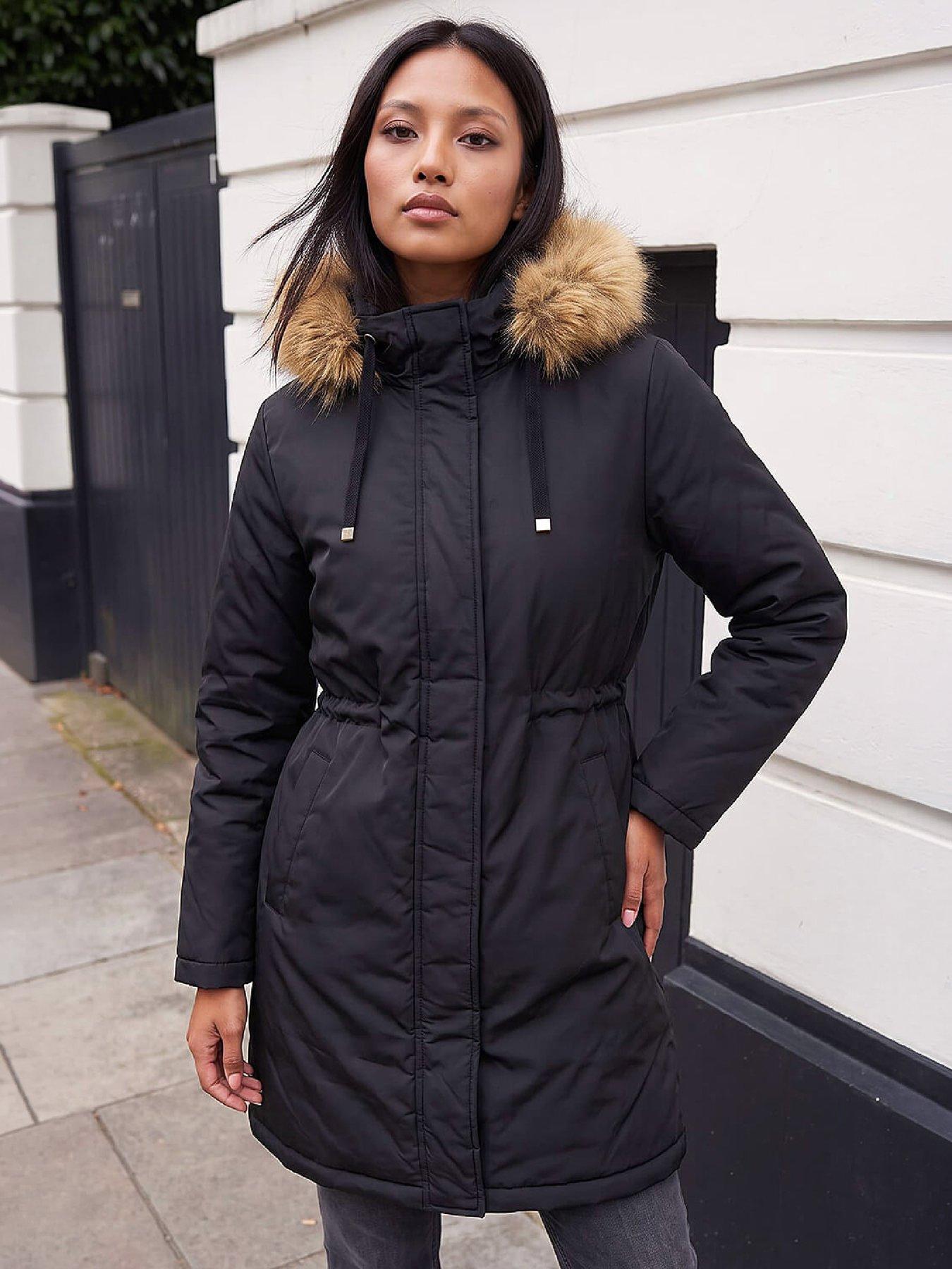 Roman Women's Black Petite Faux Fur Puffer Coat In | : Size 18 - Image 3