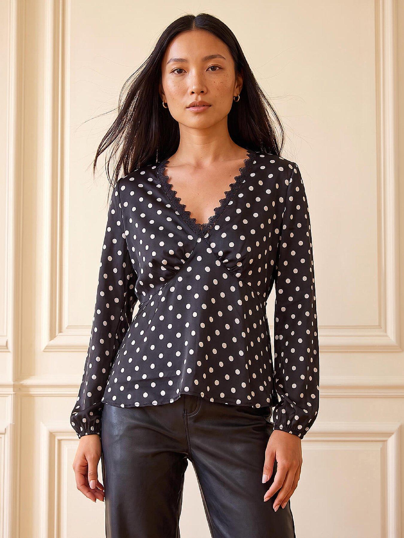 Roman Black Polka Dot Lace Trim Satin Top - Image 3