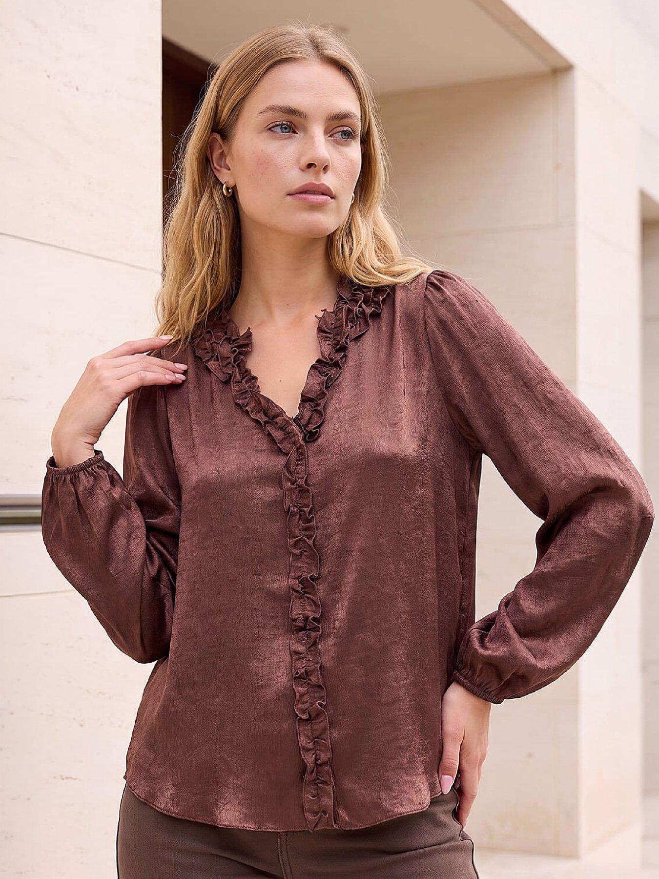 Image 1 of 4 of Roman Crinkle Satin Frill V-neck Top