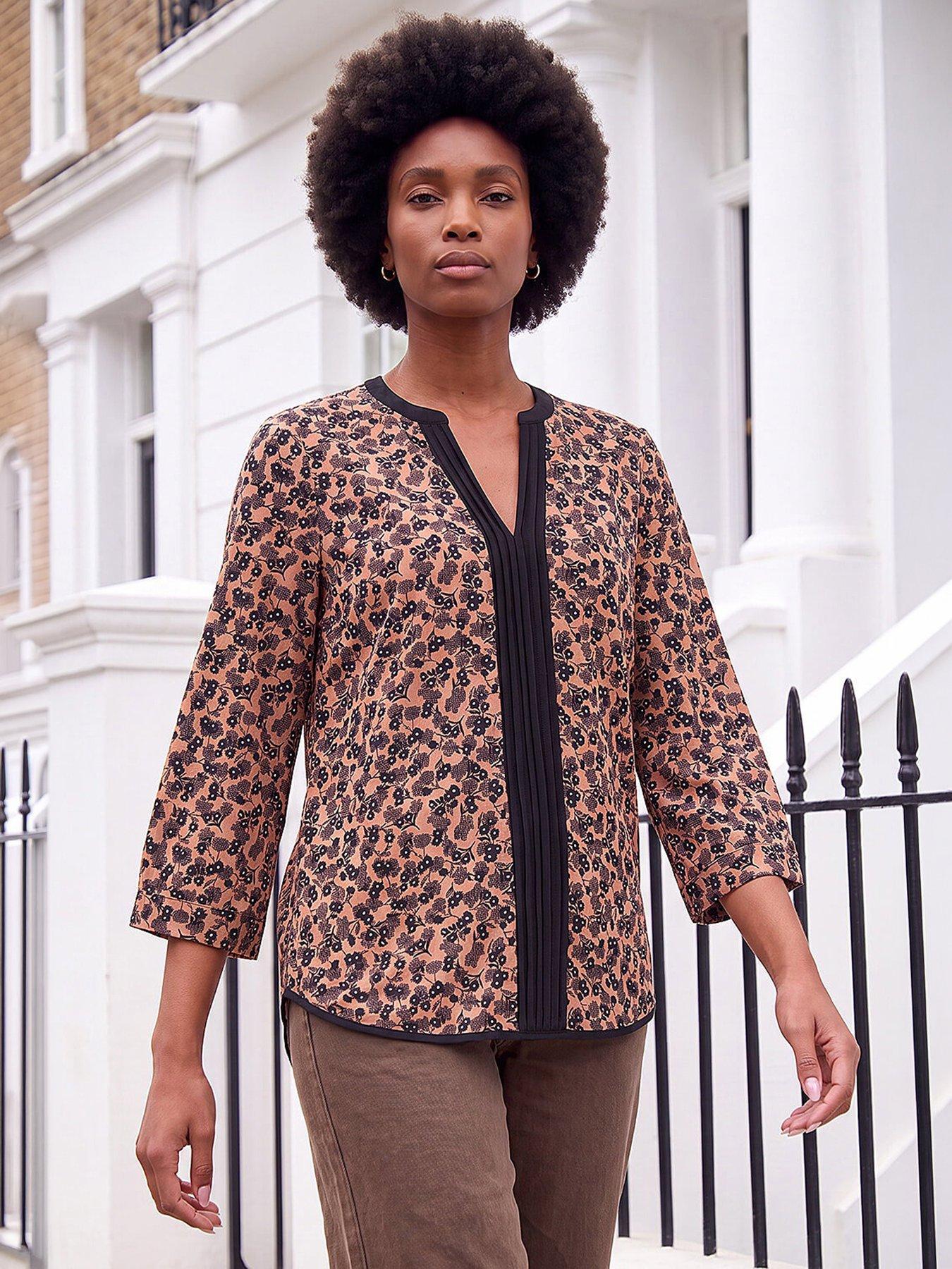 Image 1 of 4 of Roman Womens Pintuck Contrast Floral Top - Cream