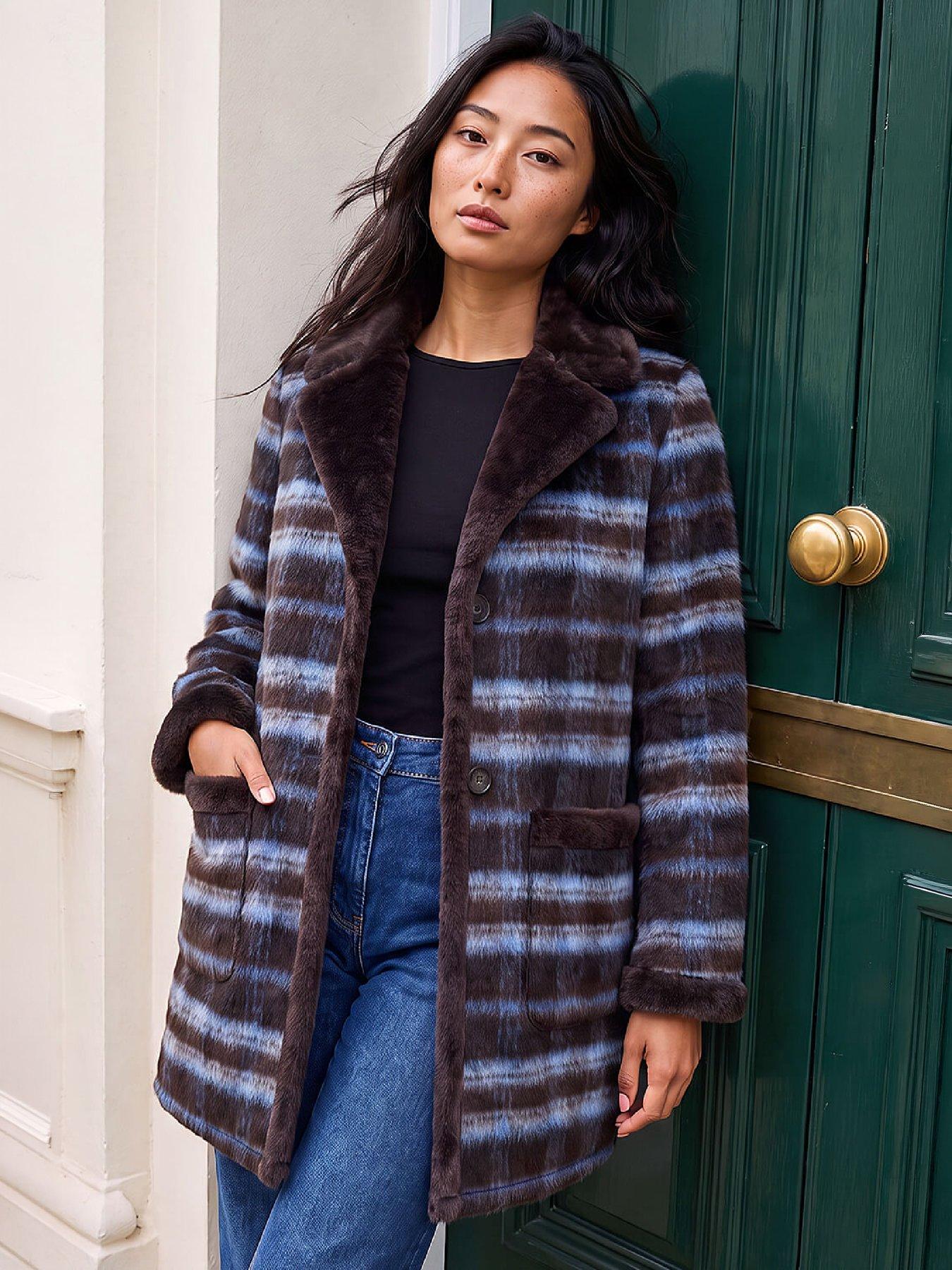 Roman Womens Petite Roman Soft Check Faux Fur Lined Coat - Brown | Very