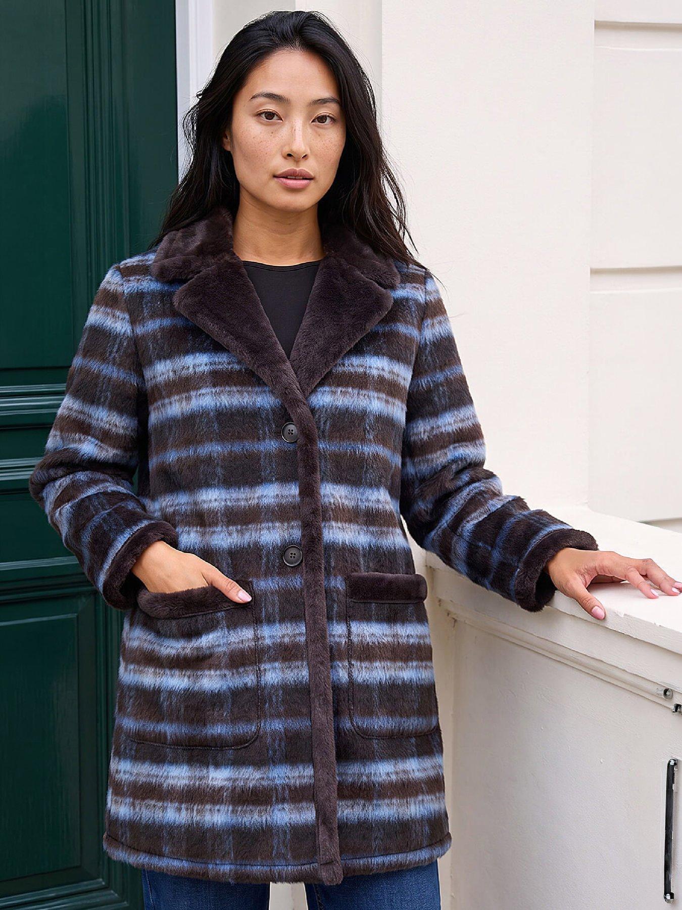 Roman Womens Petite Roman Soft Check Faux Fur Lined Coat - Brown | Very