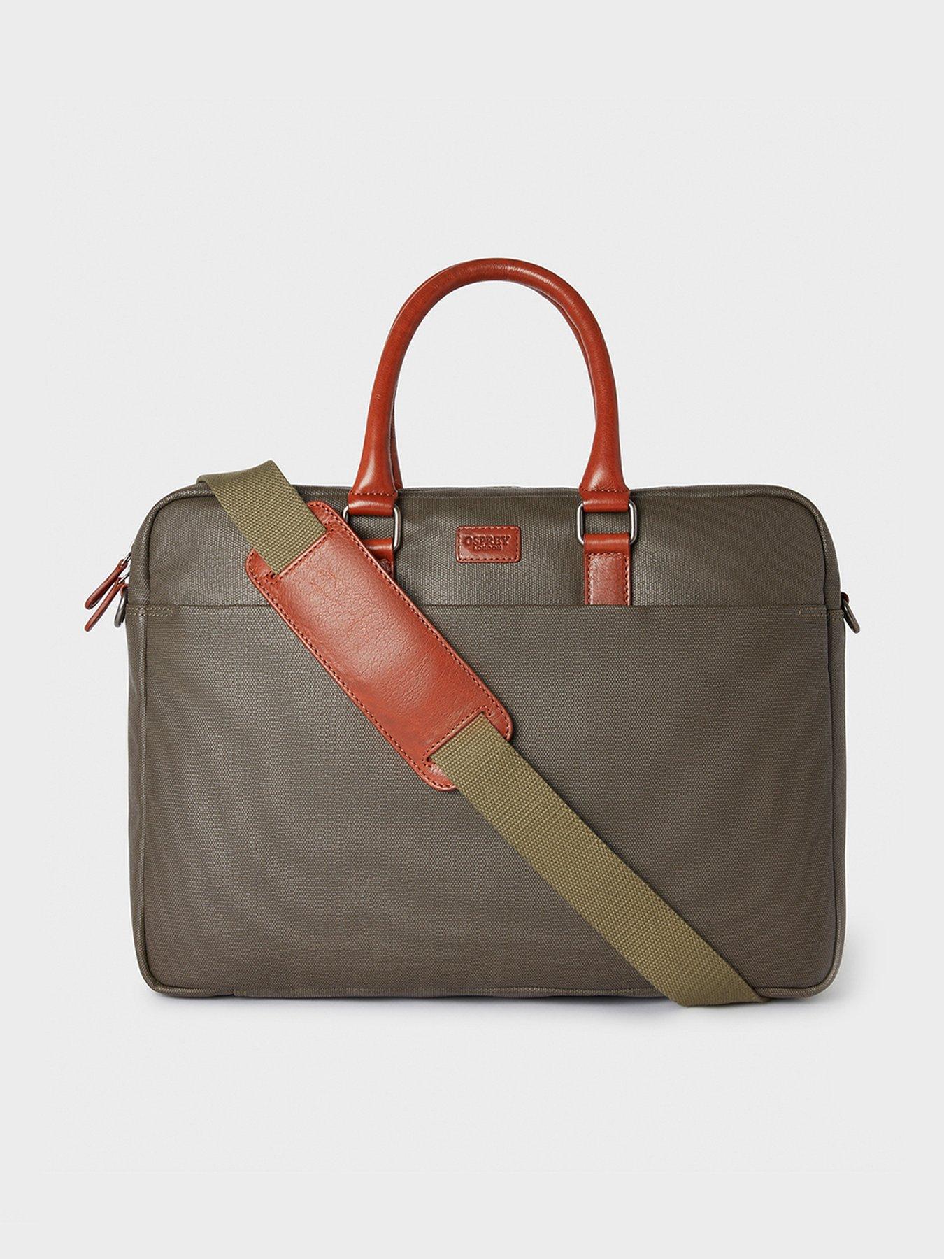 Image 1 of 6 of Osprey London The Grantham Waxed Canvas &amp; Leather Laptop Bag - Khaki &amp; Chestnut