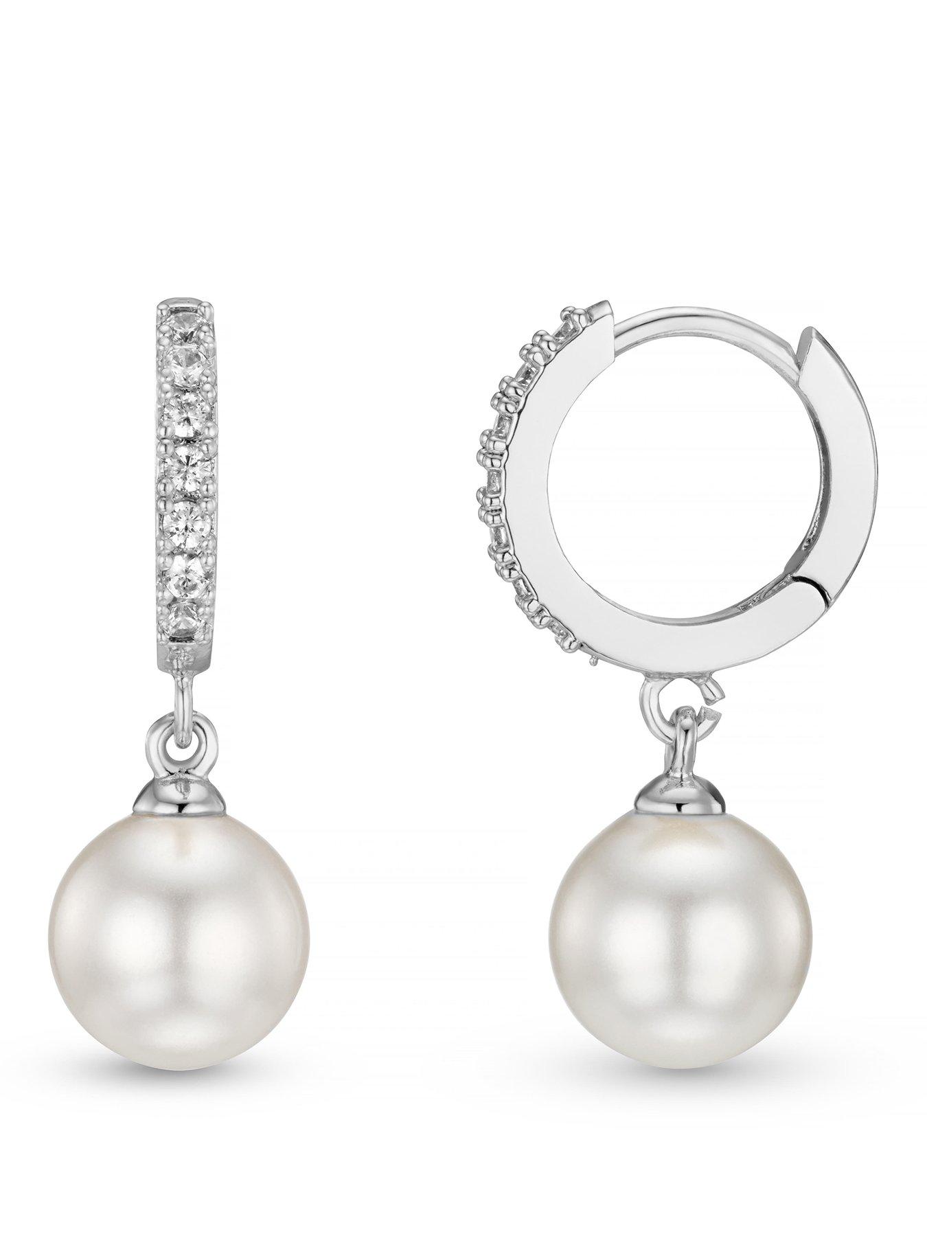 Image 1 of 3 of Orelia Womens Pave Pearl Drop Hoop Earrings - Silver