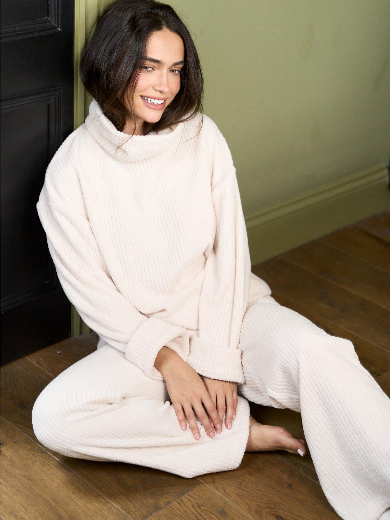 Image 5 of 6 of Jim Jam The Label Womens Jim Jam The Label Textured Roll Neck Top &amp; Joggers Pants Set - Cream