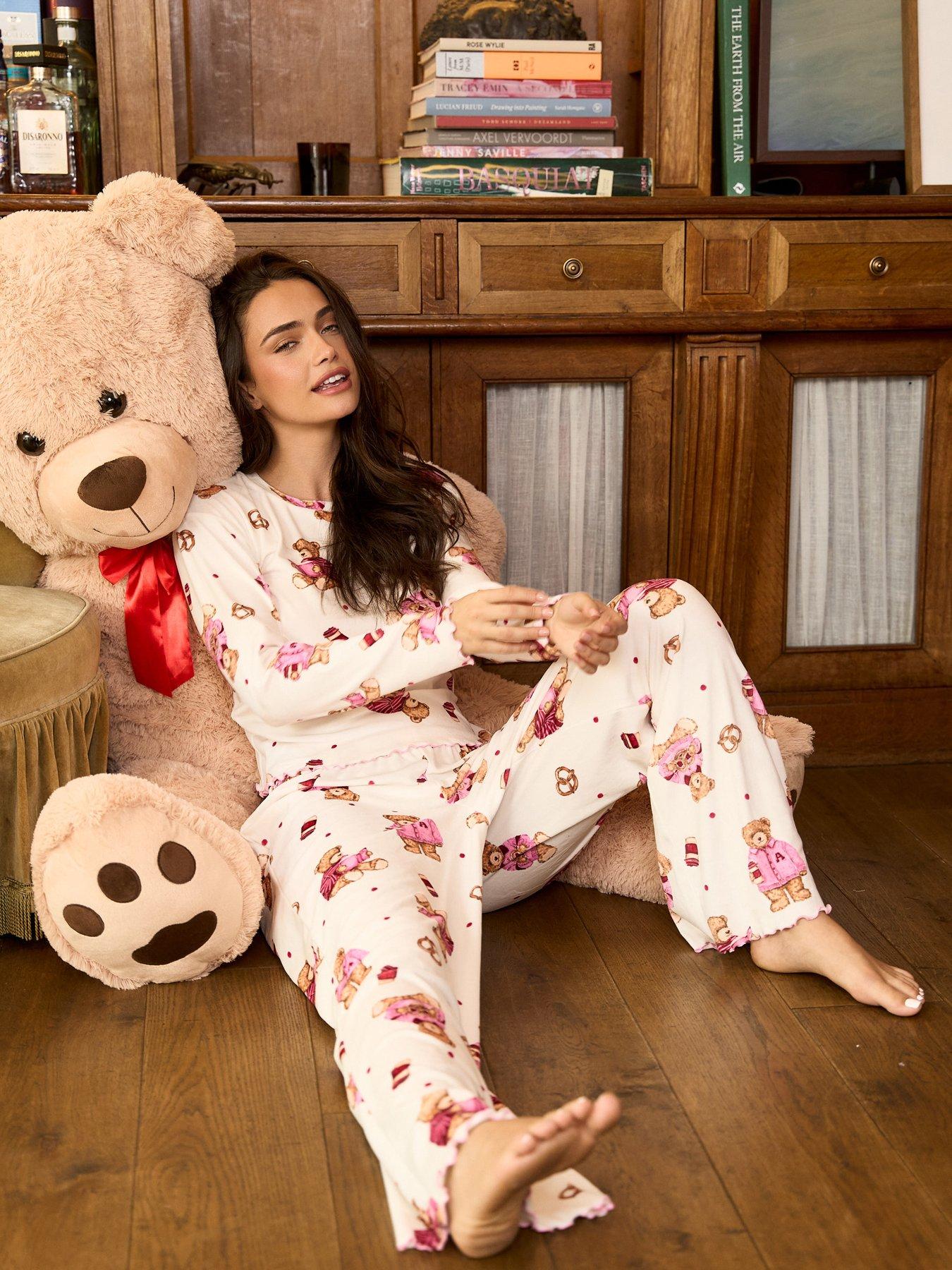 Image 3 of 6 of Jim Jam The Label Womens Teddy Bear Print Stretch Pyjama Set - Cream