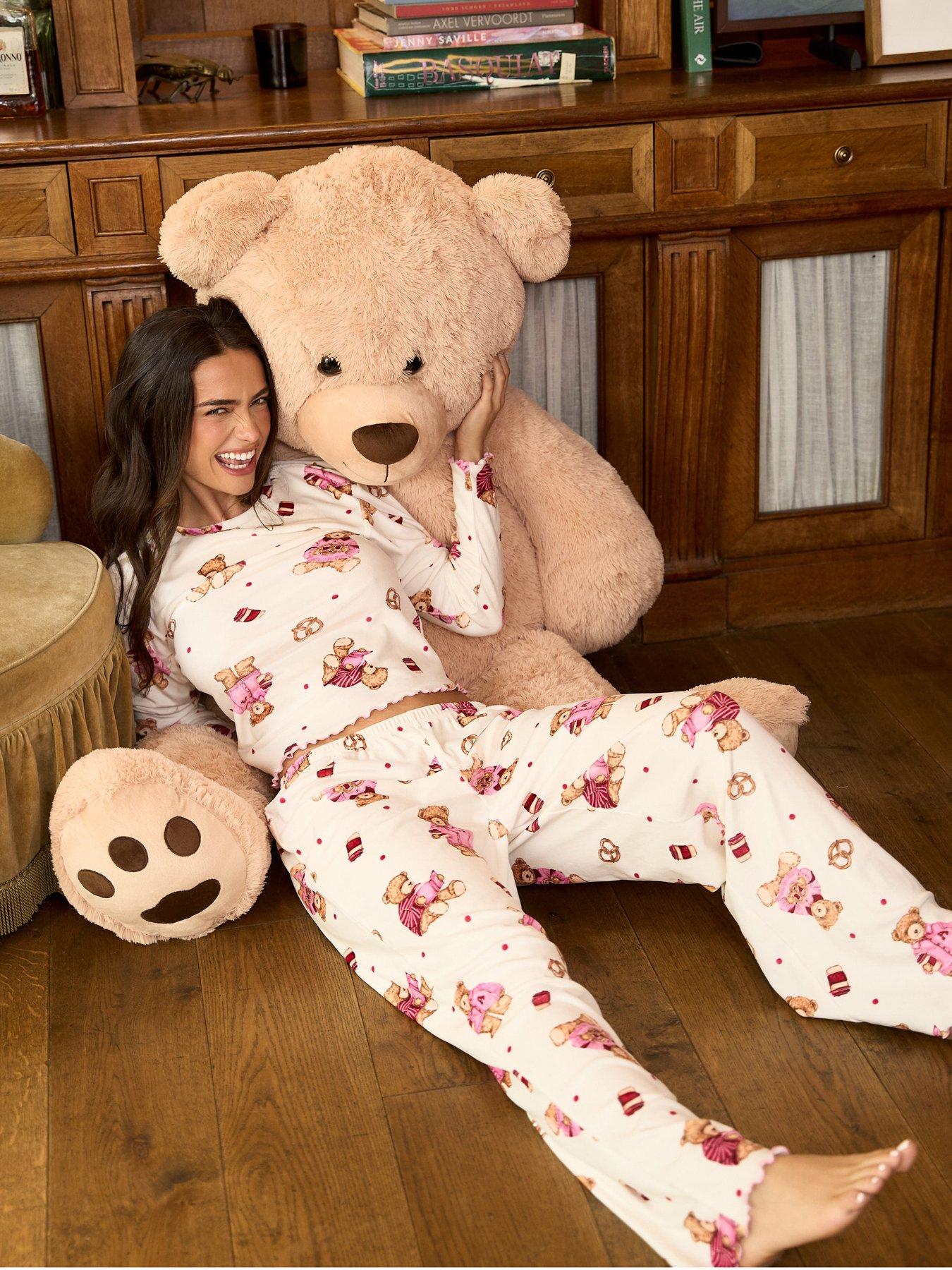 Image 4 of 6 of Jim Jam The Label Womens Teddy Bear Print Stretch Pyjama Set - Cream