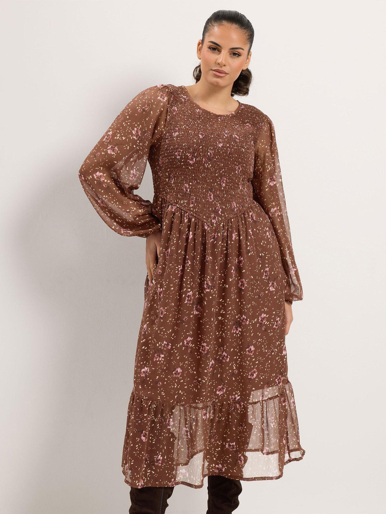 Yours Women's Brown Floral Midi Dress In Size 12 - Image 2