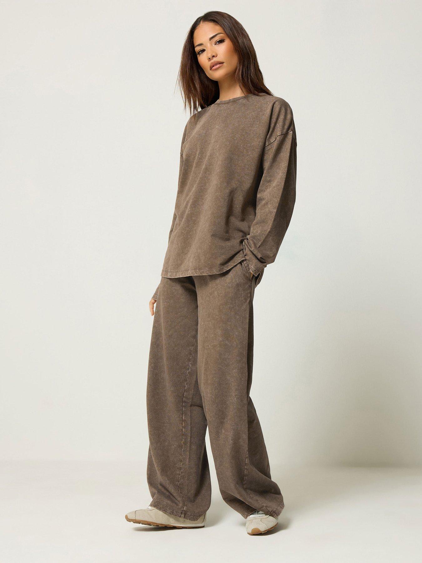 Image 1 of 4 of PixieGirl Petite Acid Wash Top &amp; Wide Leg Jogger Set