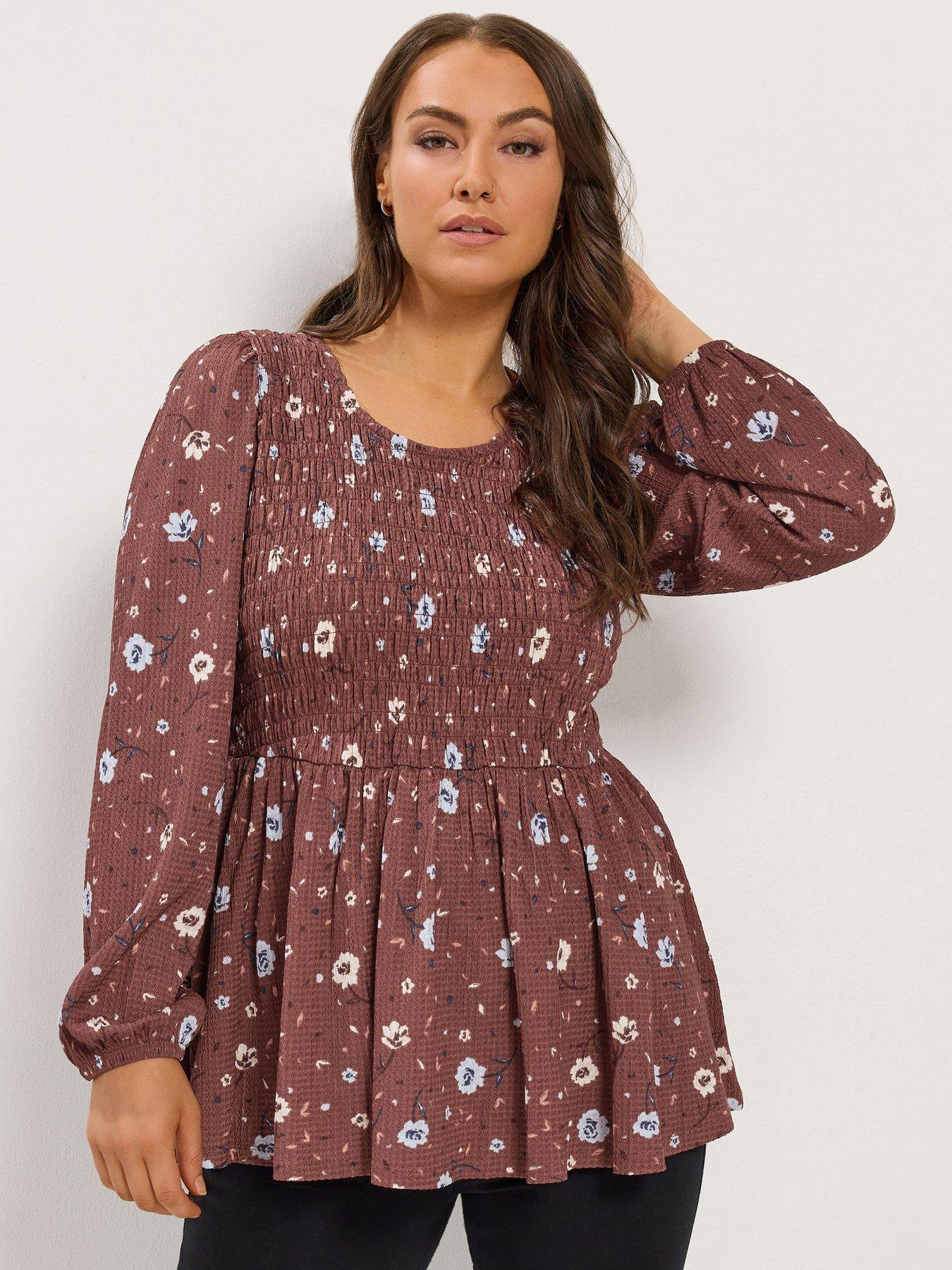 Image 1 of 4 of Yours Womens Curve Shirred Peplum Top - Brown