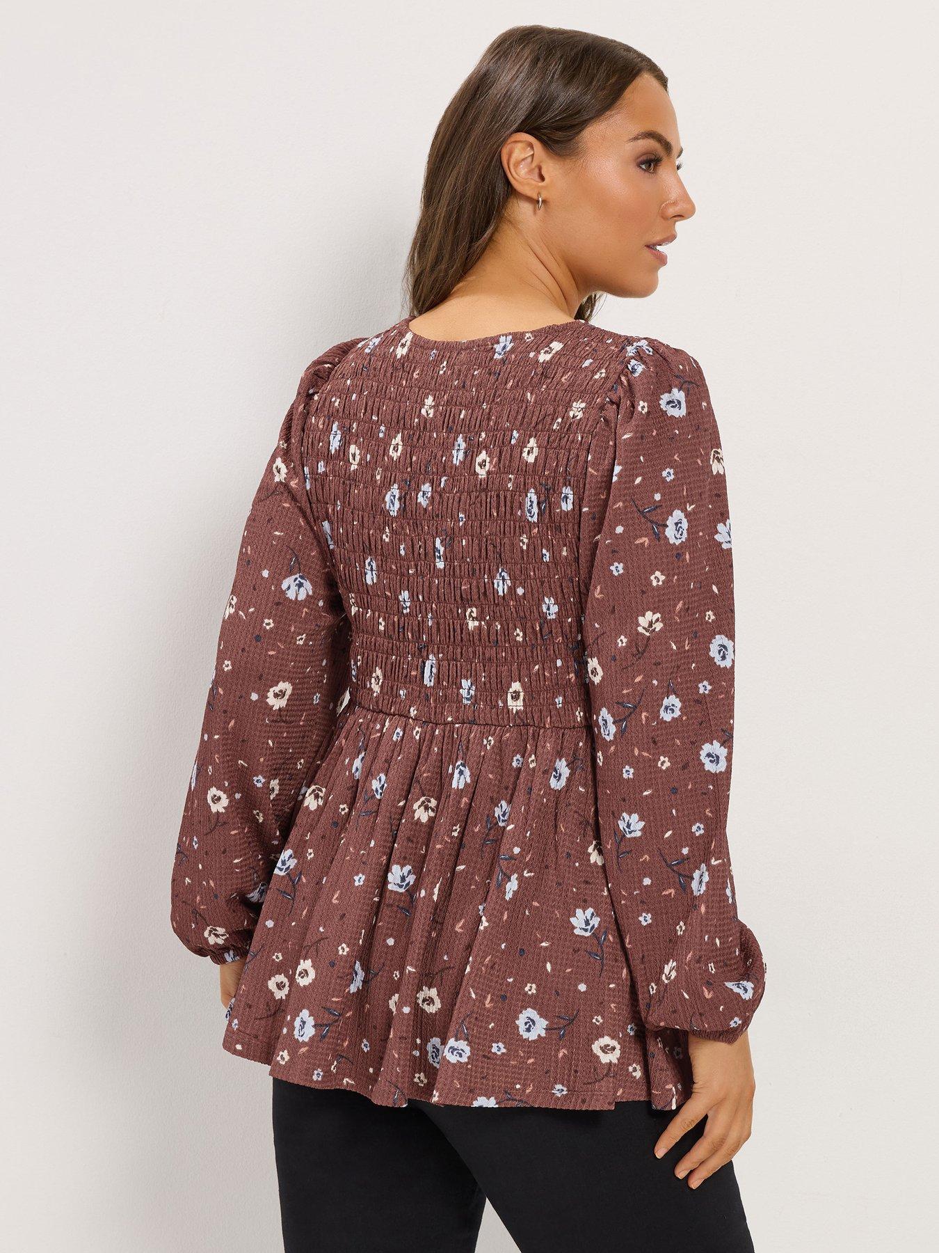 Image 2 of 4 of Yours Womens Curve Shirred Peplum Top - Brown