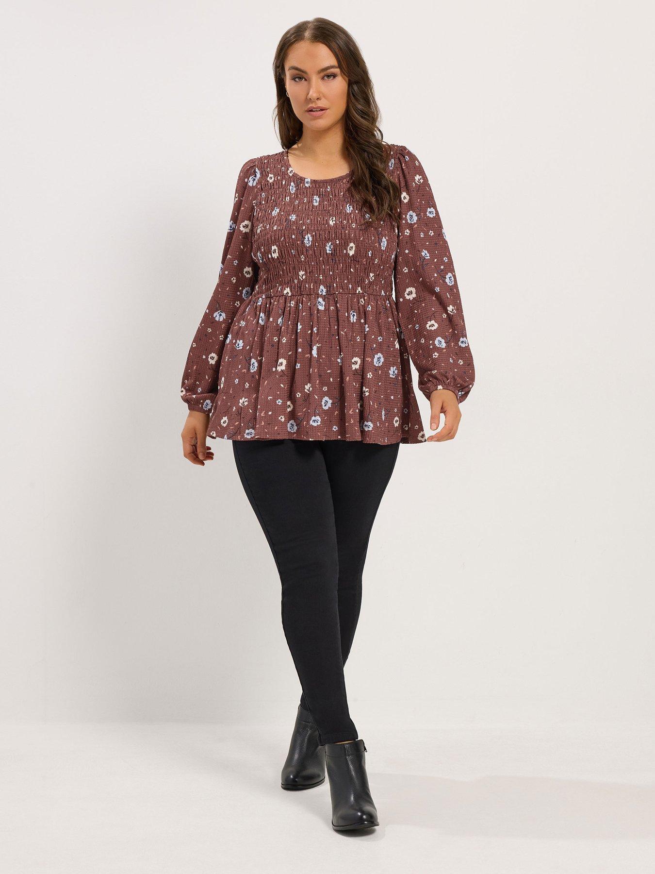 Image 3 of 4 of Yours Womens Curve Shirred Peplum Top - Brown