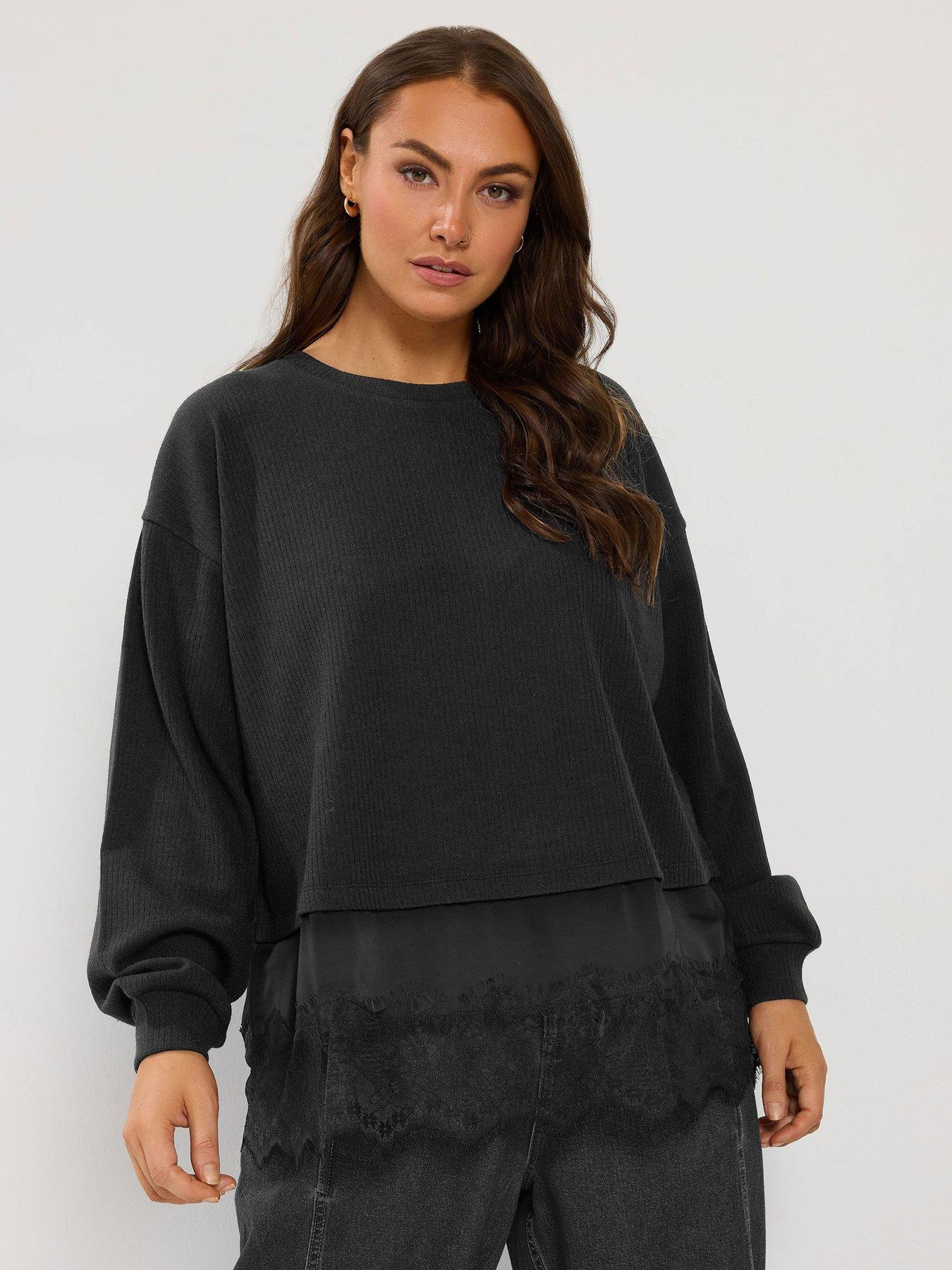 Yours Women's Black Long Sleeve Lace Hem Top In | Size: 18 - Image 6