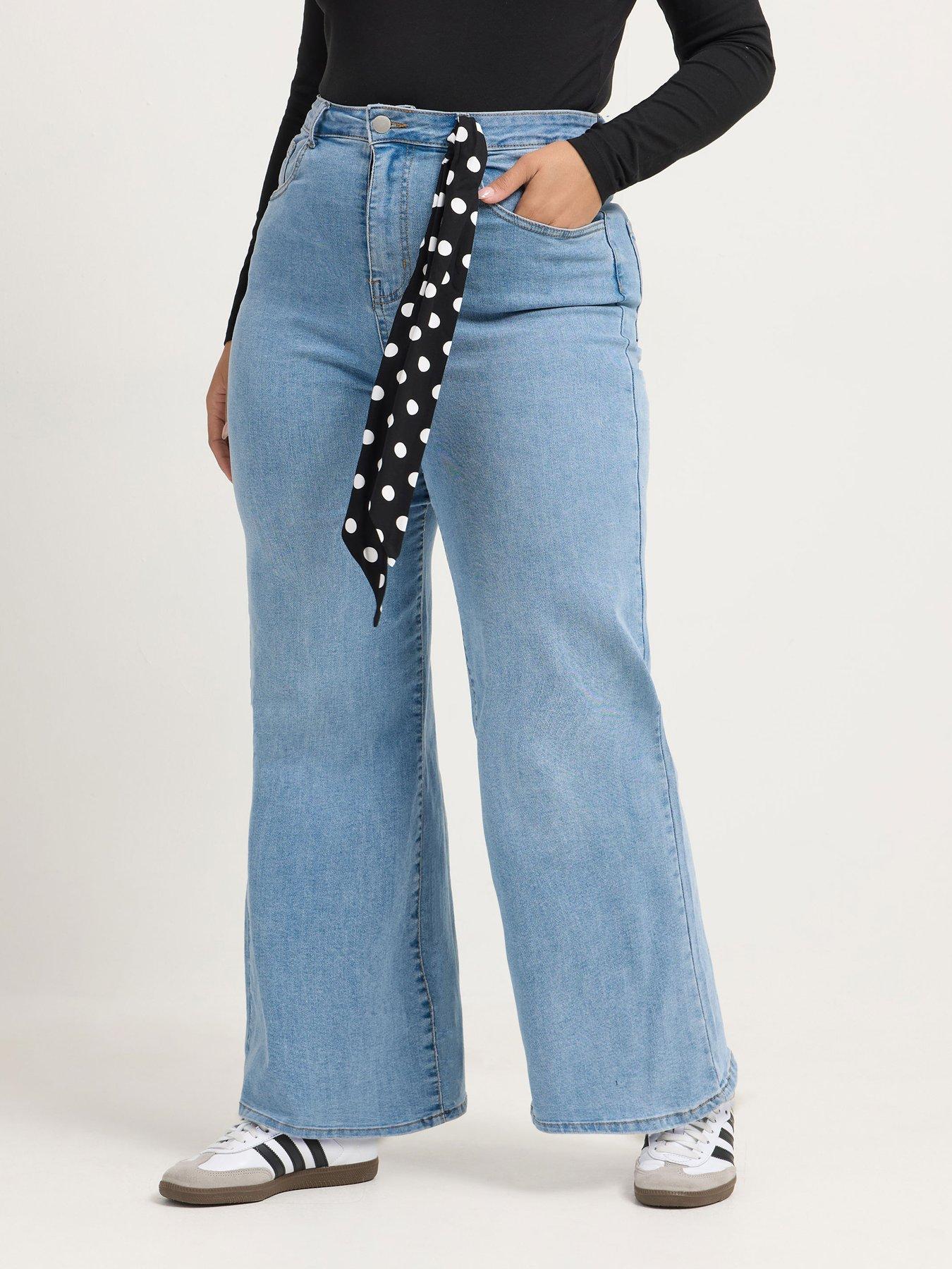 Yours Women's Blue Polka Dot Scarf Wide Leg Jeans In Size 10 - Image 6