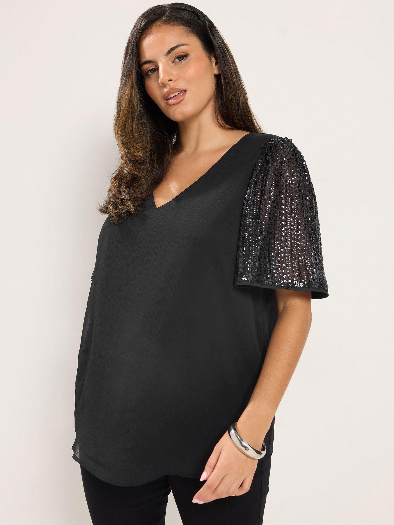 Image 1 of 4 of Yours Womens Curve Sequin Chiffon Top - Black