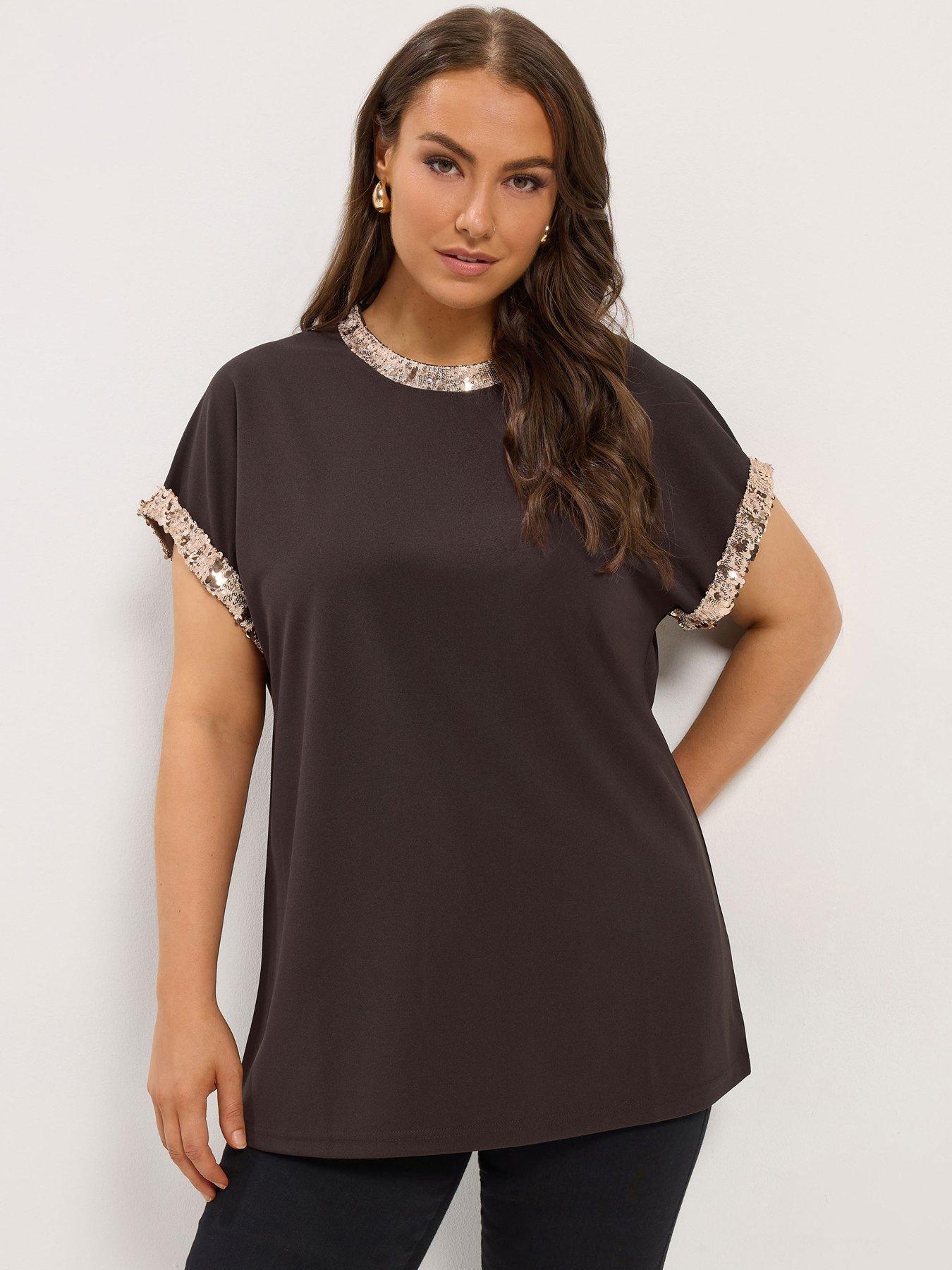 Image 1 of 4 of Yours Womens Curve Sequin Trim Longline Top - Brown