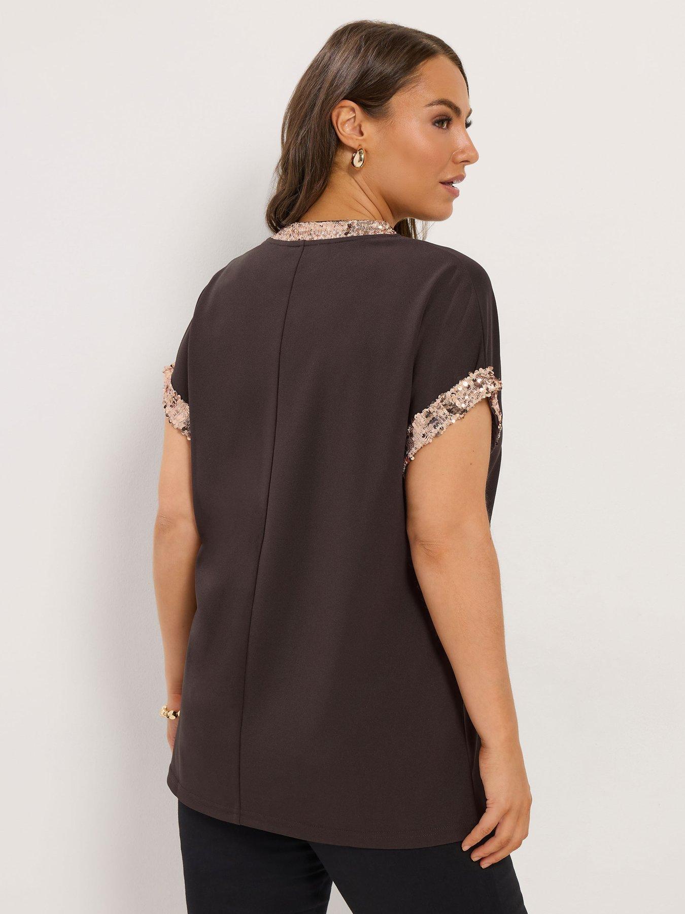 Image 2 of 4 of Yours Womens Curve Sequin Trim Longline Top - Brown