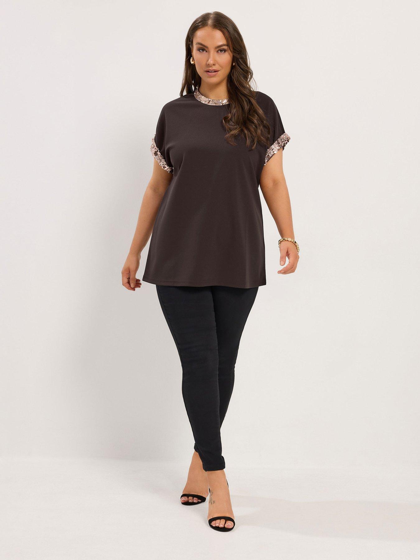 Image 3 of 4 of Yours Womens Curve Sequin Trim Longline Top - Brown