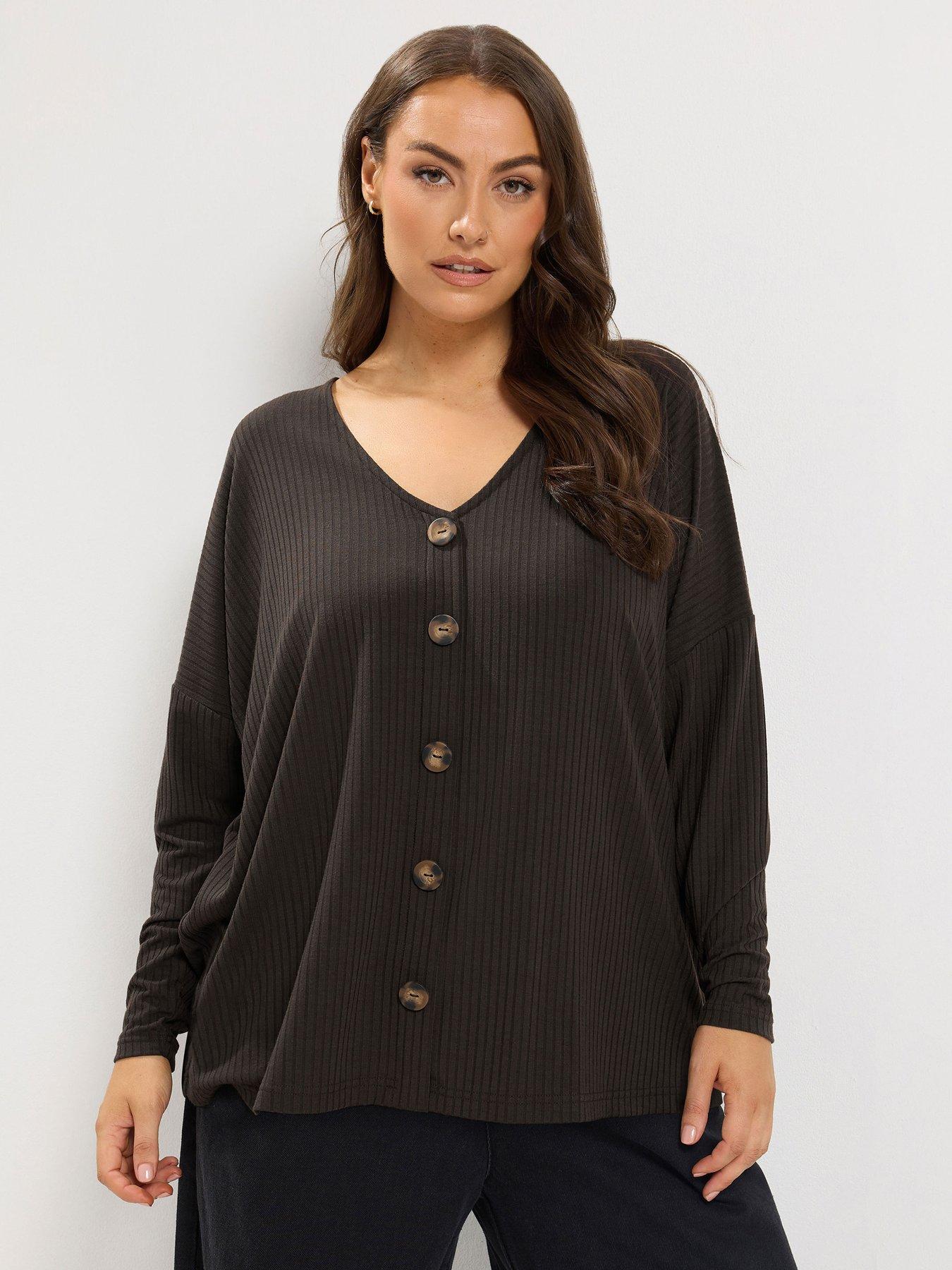 Yours Women's Chocolate Ribbed Button Details Top In | Size: 12 - Image 6