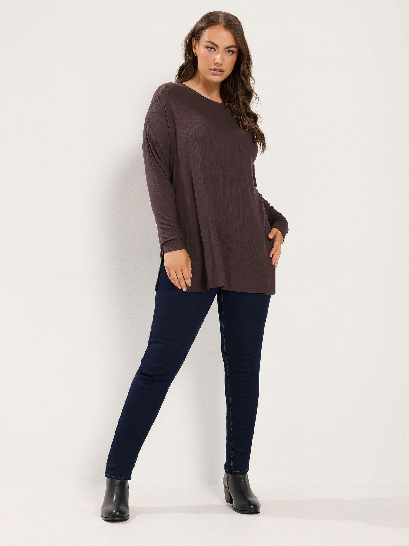 Image 3 of 4 of Yours Womens Curve Ribbed Drop Shoulder T-Shirt - Brown