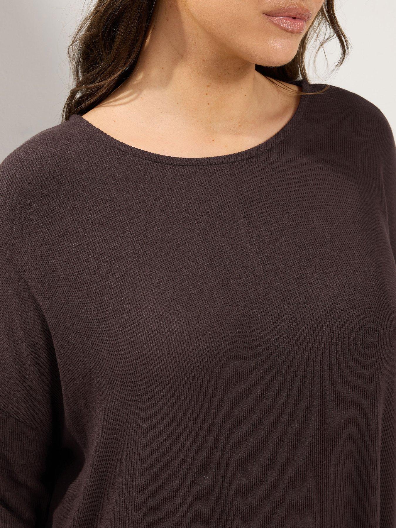 Image 4 of 4 of Yours Womens Curve Ribbed Drop Shoulder T-Shirt - Brown