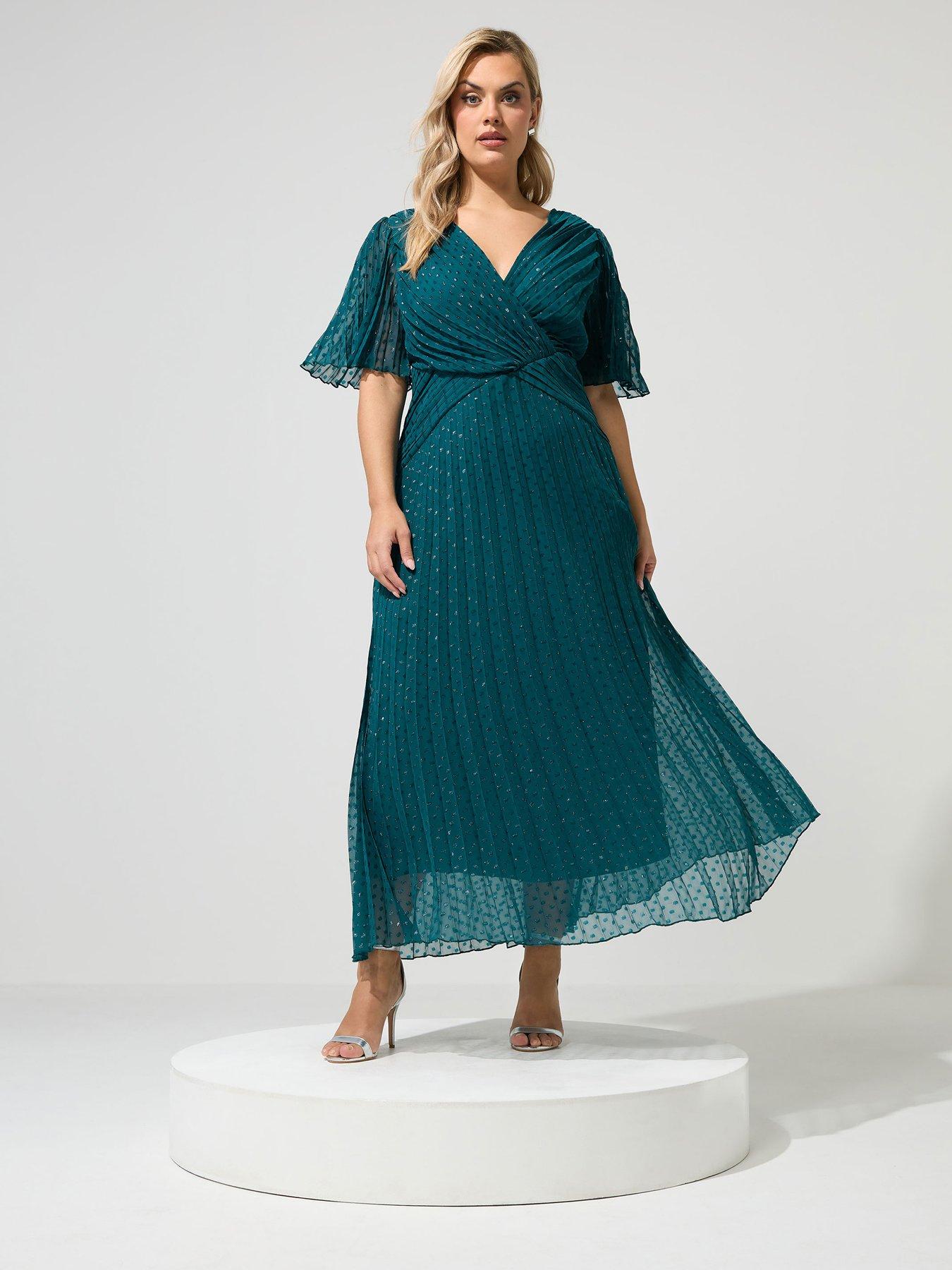 Yours Curve Metallic Dobby Pleat Dress, Green, Size 24, Women