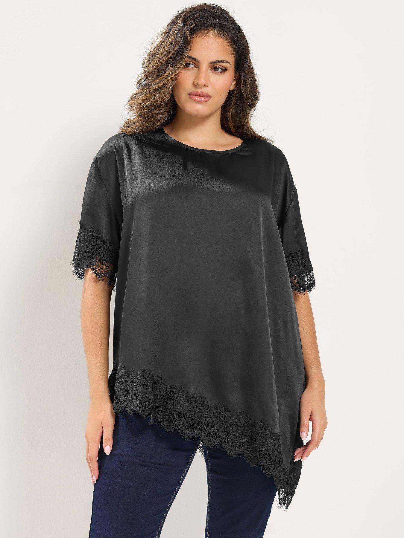 Yours Women's Black Curve Asymmetric Lace Hem Top - Image 6