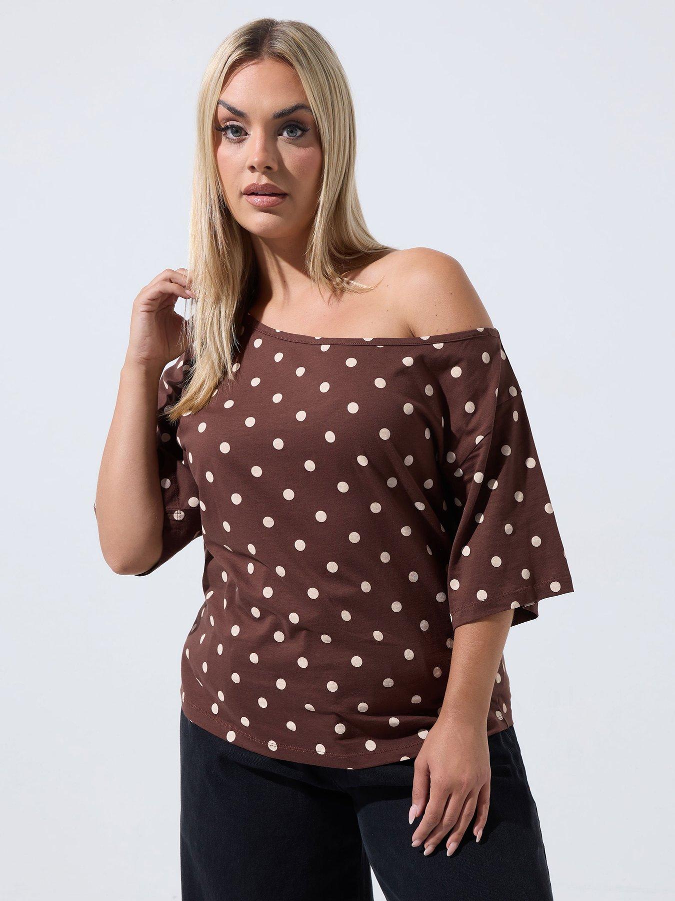 Yours Women's Chocolate Polka Dot Off Shoulder Tee In Size 18 - Image 2