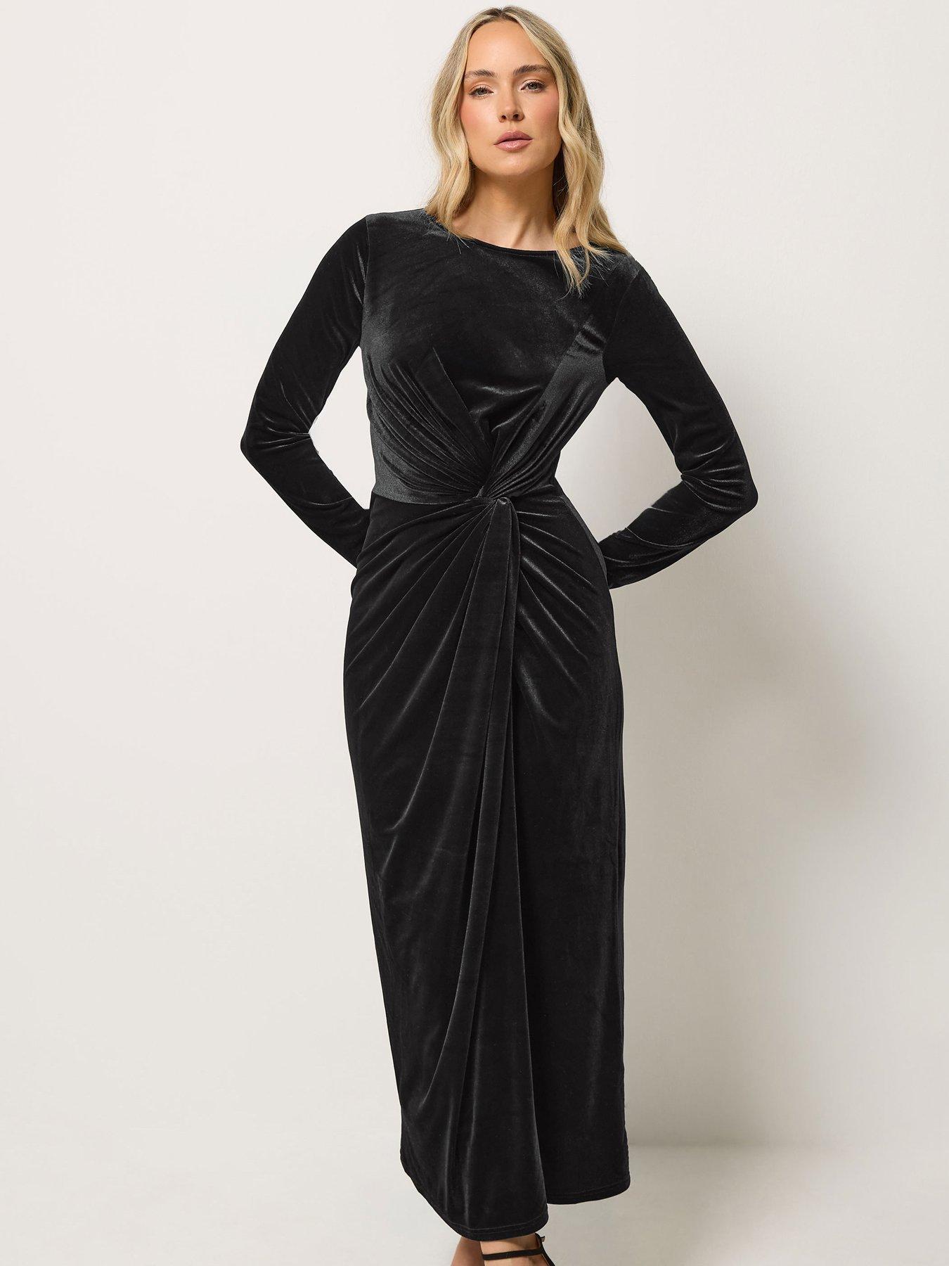 Image 1 of 4 of Yours Womens Tall Knot Front Velvet Maxi Dress - Black