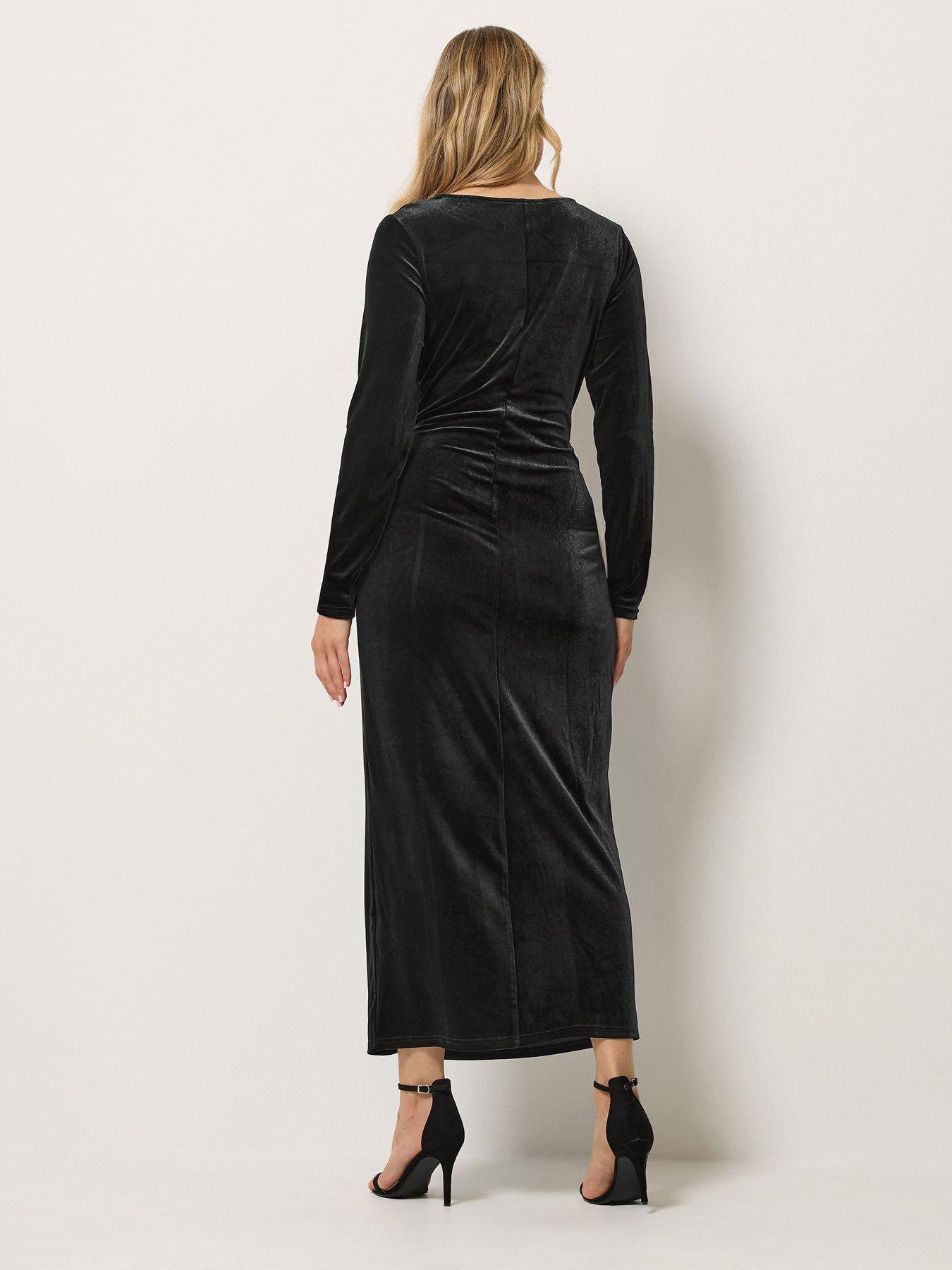 Image 2 of 4 of Yours Womens Tall Knot Front Velvet Maxi Dress - Black
